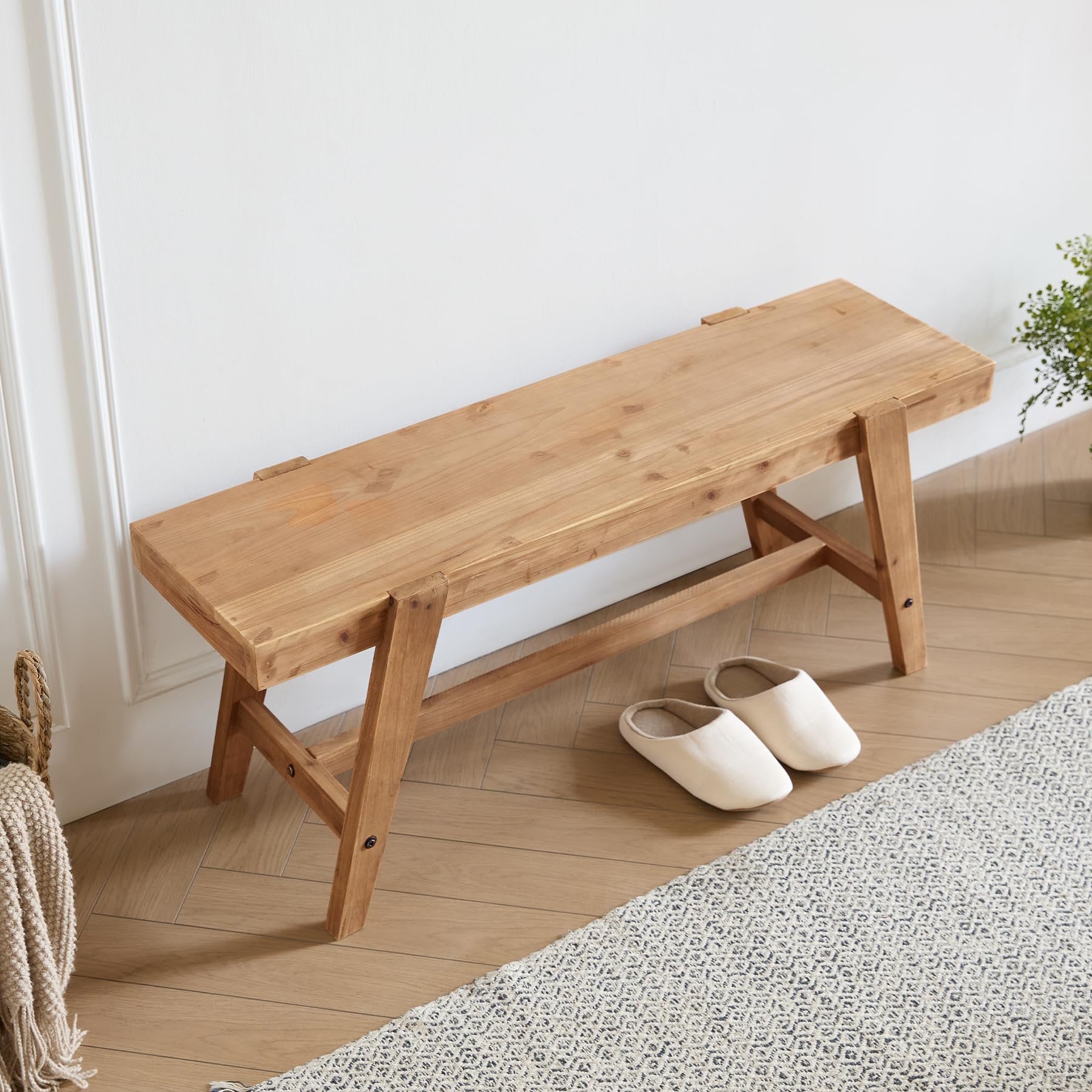 HOKYHOKY Farmhouse Solid Wood Entryway Bench – 43.4 Inches Rustic Long Bench, Dining Bench with Angled Legs, Hand-Finished Natural Grain, for Foyer, Hallway, Bedroom