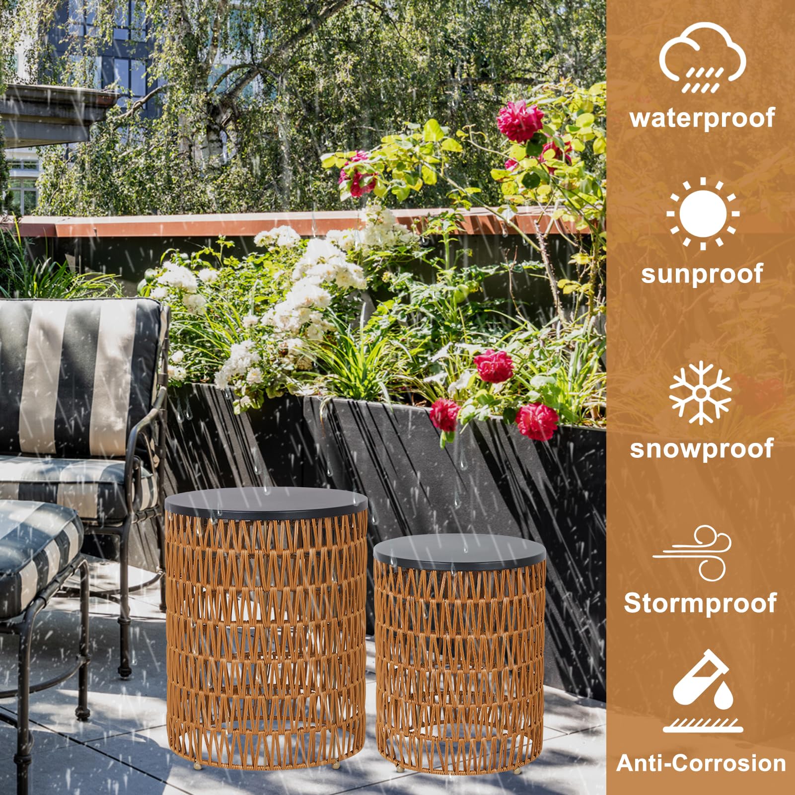Boho Rattan Outdoor Side Table Set of 2 with Dimmable Light