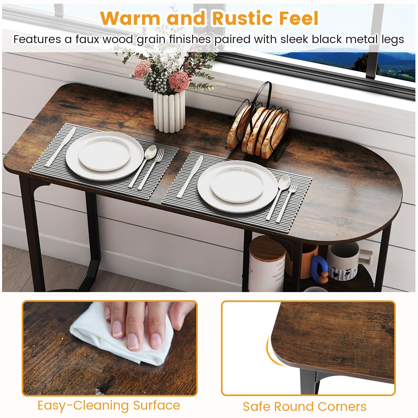 3-Piece Industrial Dining Table Set with 2 Stools & Storage Shelves