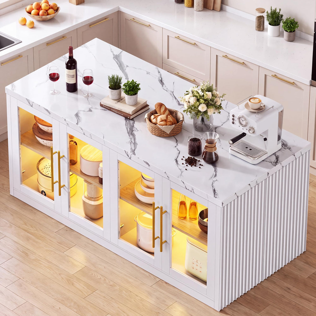 Homiflex Kitchen Island Table with Storage, 55" Large Island Table White