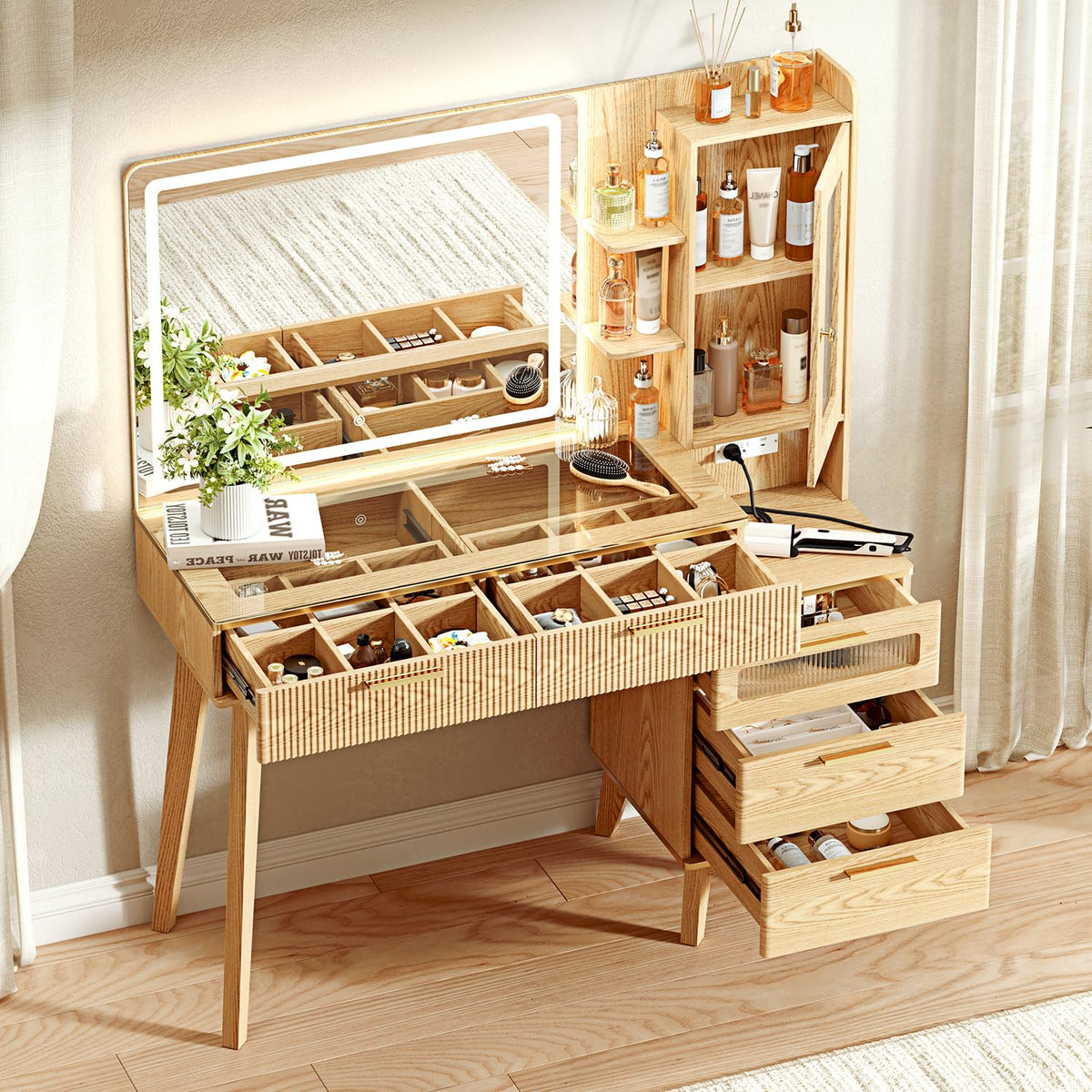 Arulvmrn Vanity Desk with 29.53" HD Lighted Mirror, 47.24" Big Modern Vanity Desk with Mirror and Lights, Makeup Vanity with 5 Drawers and Storage Shelves and Charging Station, Oak