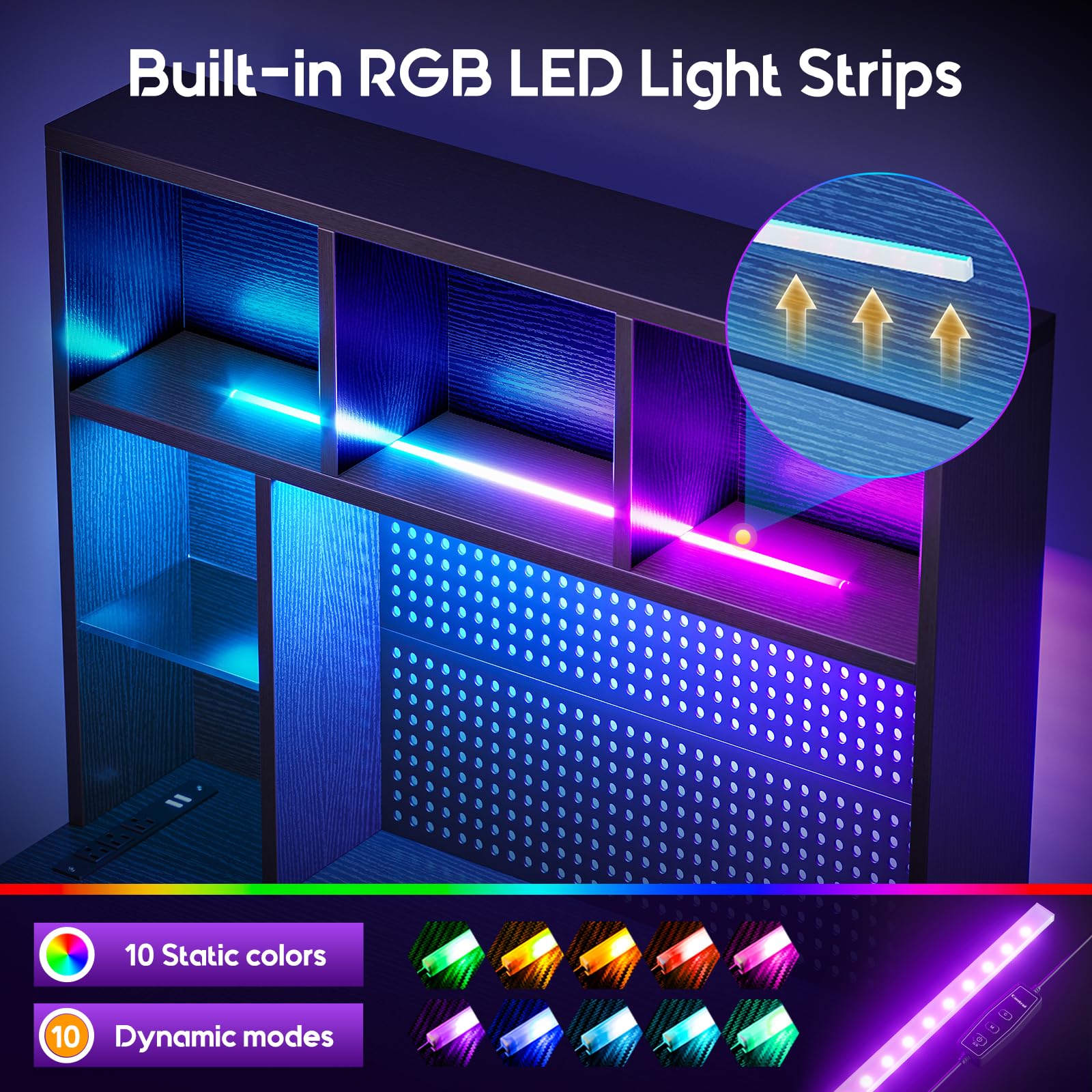 L-Shaped Gaming Desk with Hutch, Pegboard & LED Lights
