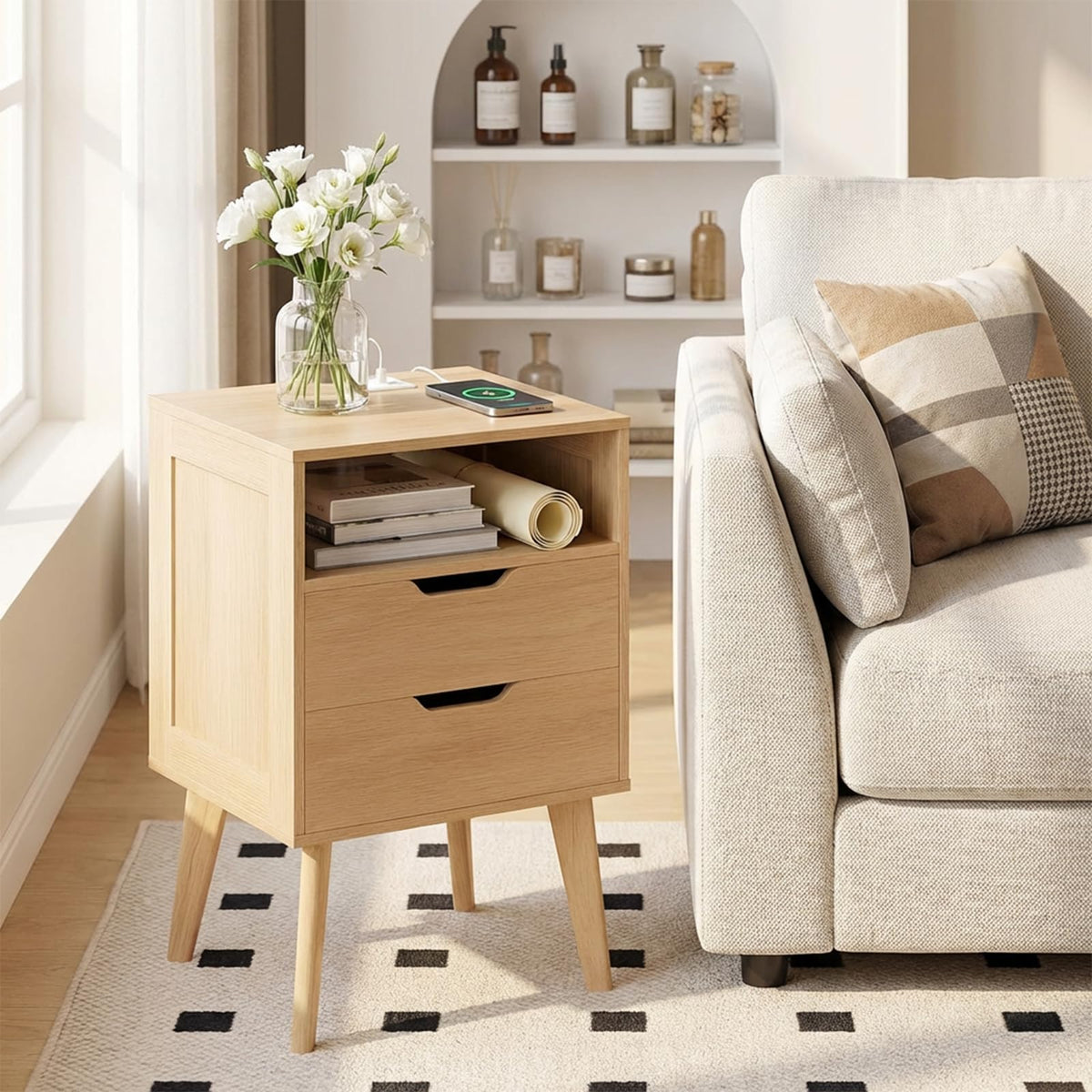 MAHANCRIS Nightstand with Charging Station and 2 Drawers, Bedside Table