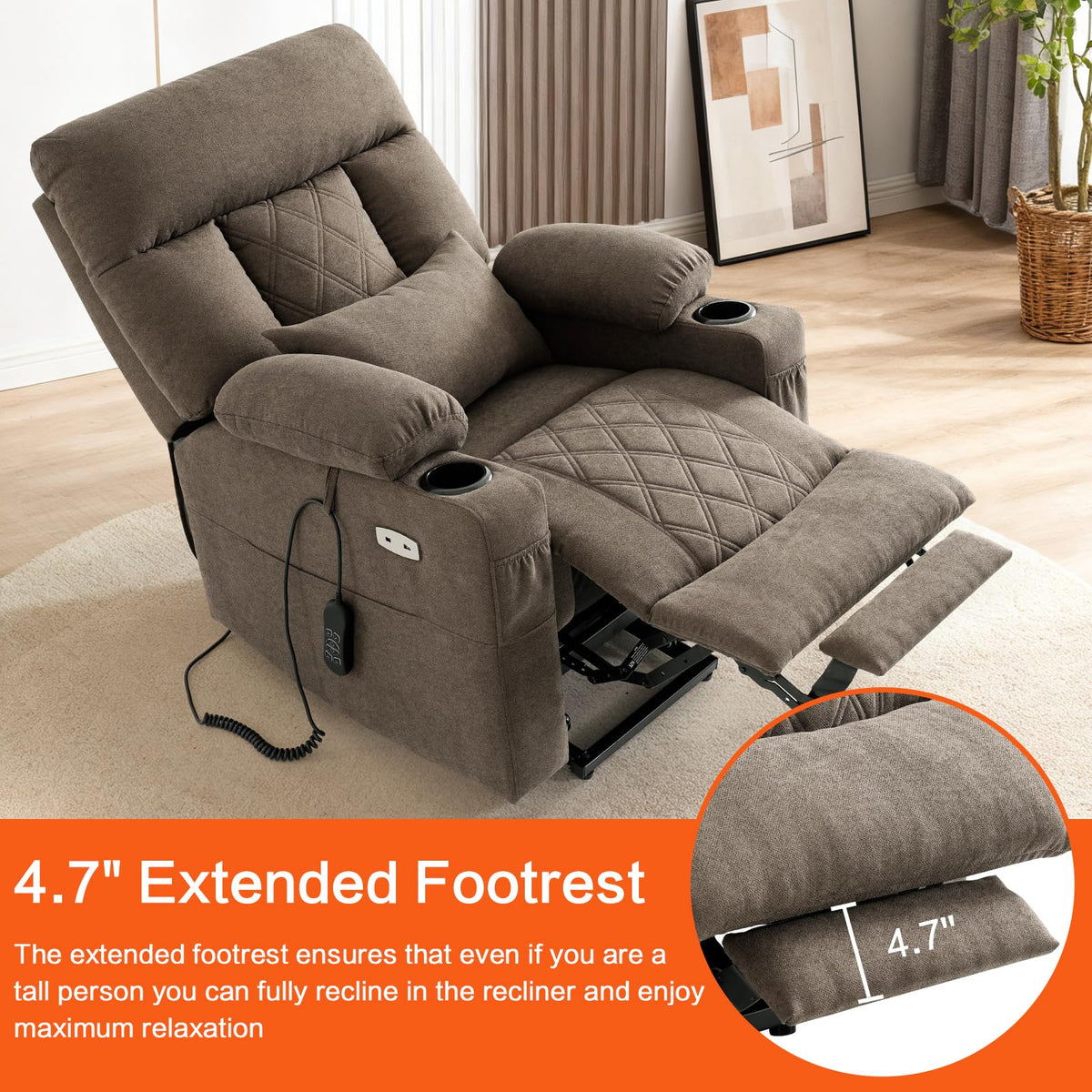 Tri-Motor Power Lift Recliner Chair for Elderly, Lay Flat Lift Chair,Brown