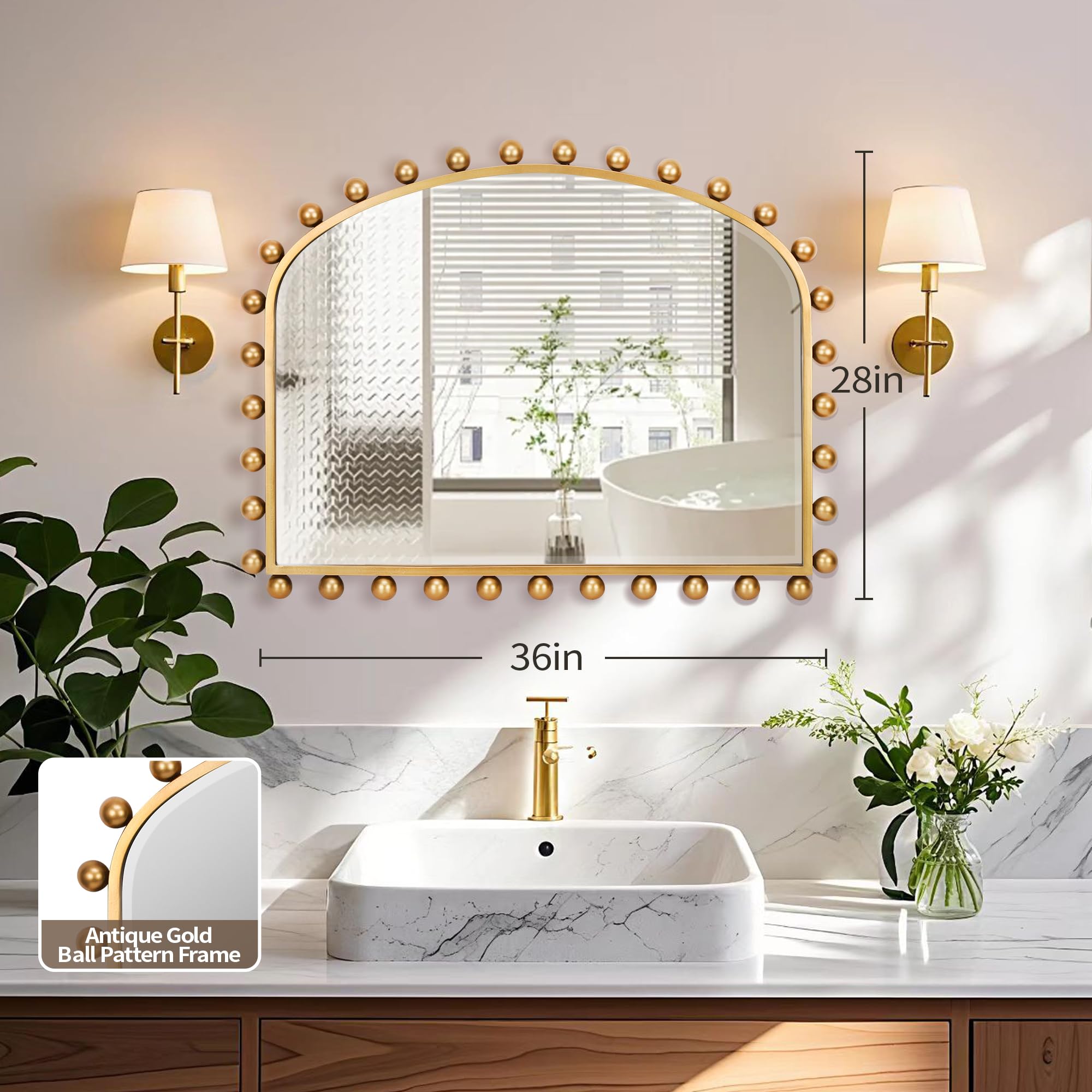 Wide Arch Wall Mirror with Antique Gold Ball Frame & Beveled Glass