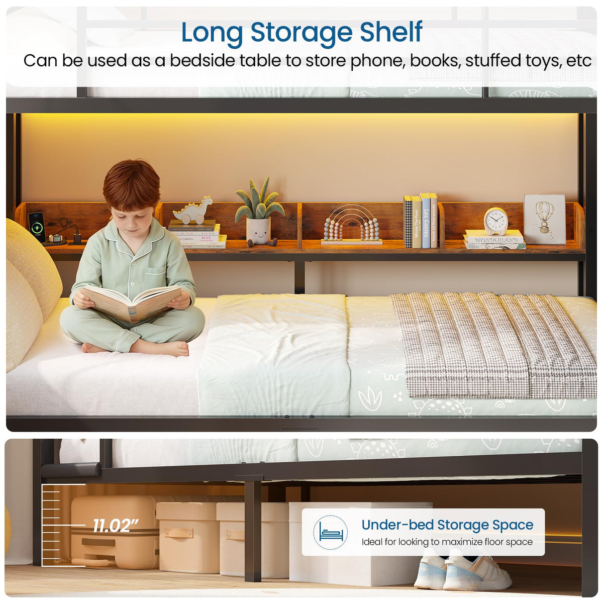 Twin Bunk Bed with Storage & LED Lights