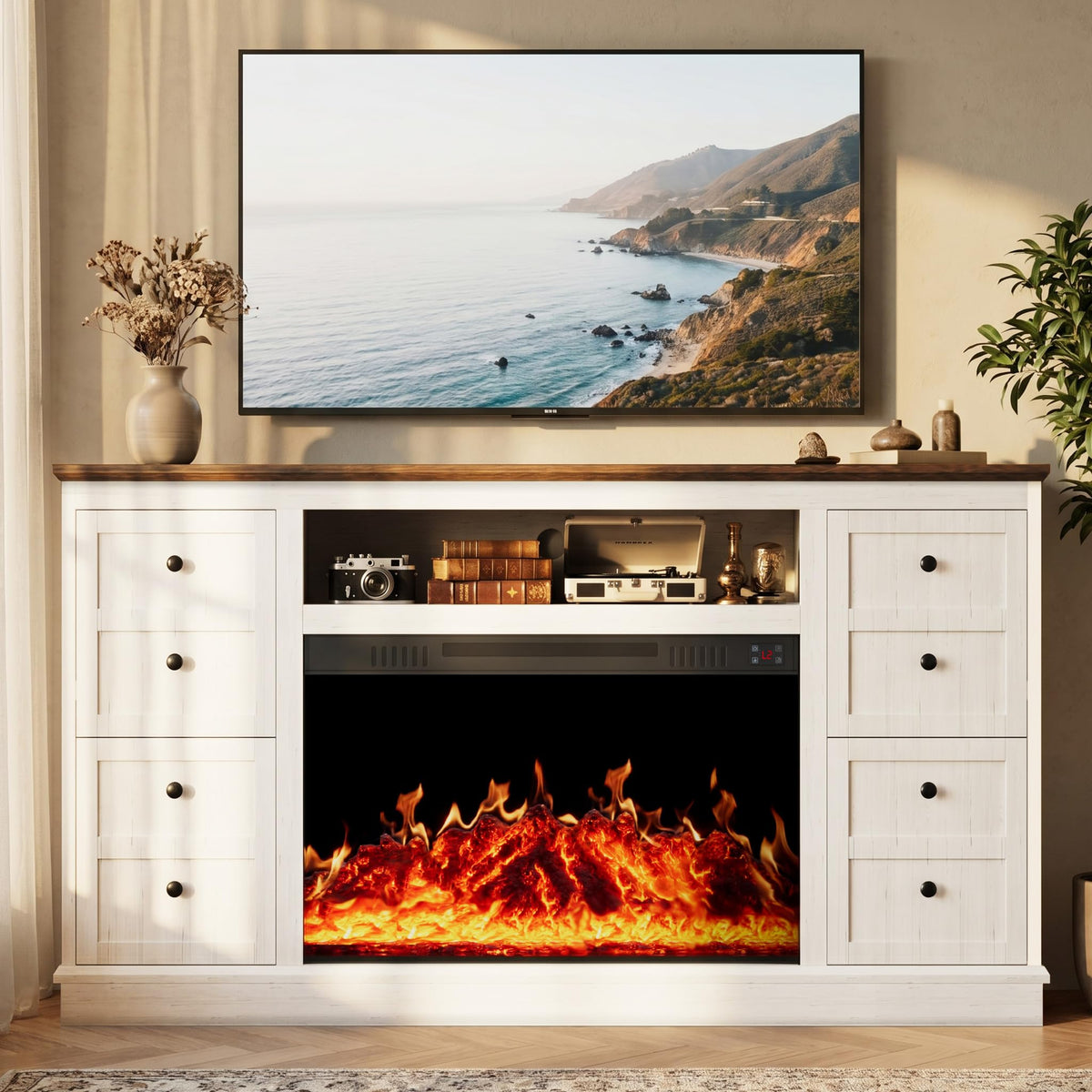 Leramaner 62" Farmhouse Fireplace TV Stand for up to 75" TV, White
