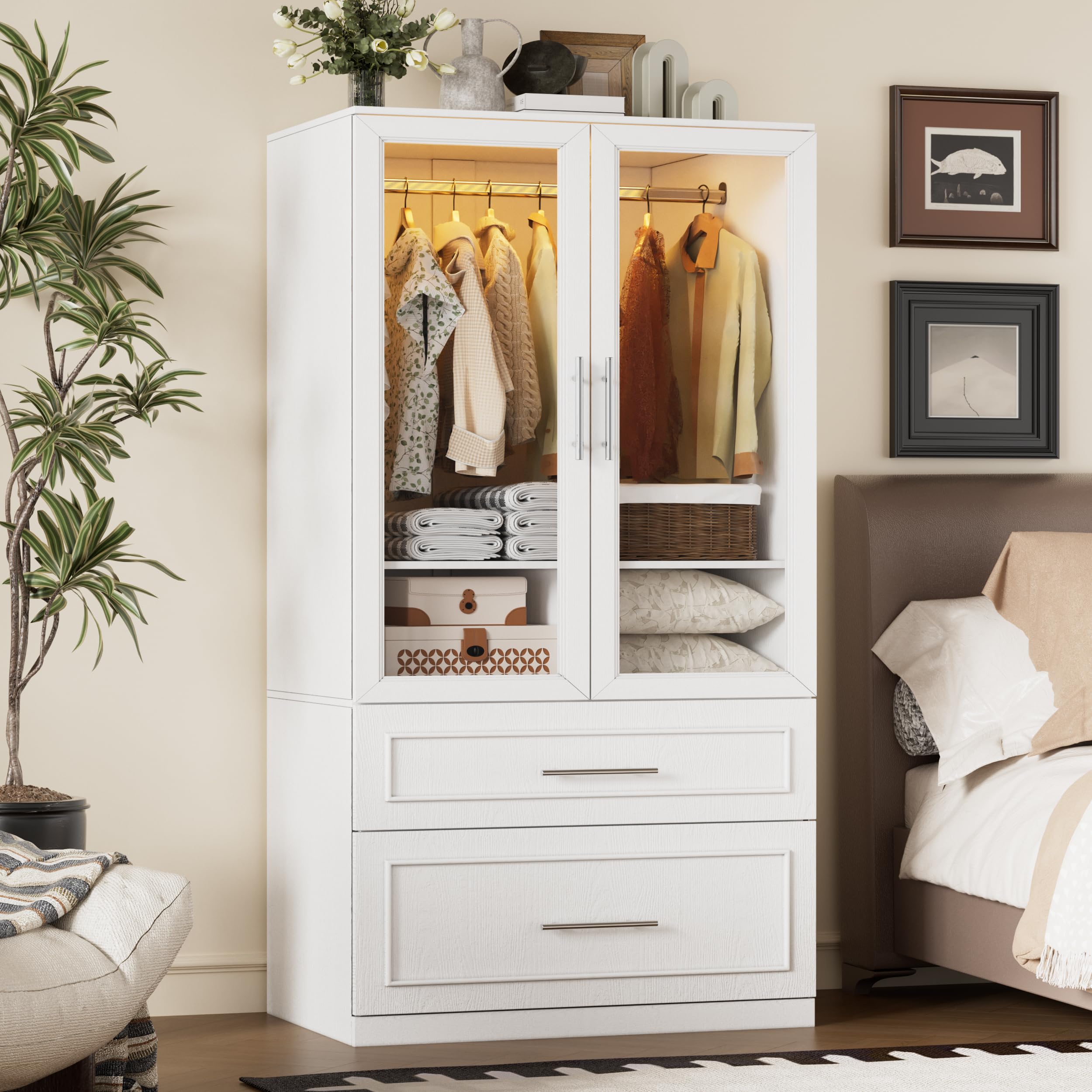 Armoire Wardrobe Closet with LED Light, Drawers & Hanging Rod