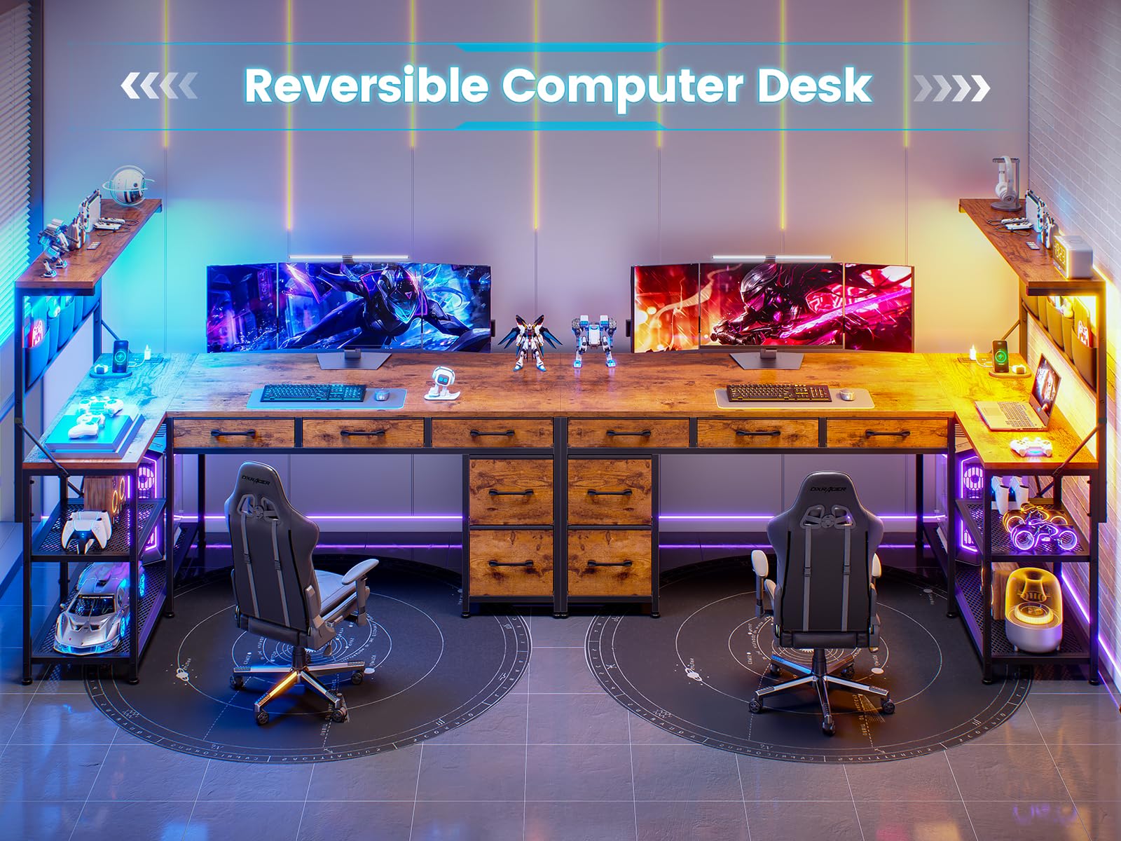 SEDETA L Shaped Desk with Drawers and Hutch, 47.2" Reversible Office Computer Desk with 5 Fabric Drawers, L Shaped Desk with Storage Shelves, Power Outlet and LED Lights for Home Office, Rustic Brown