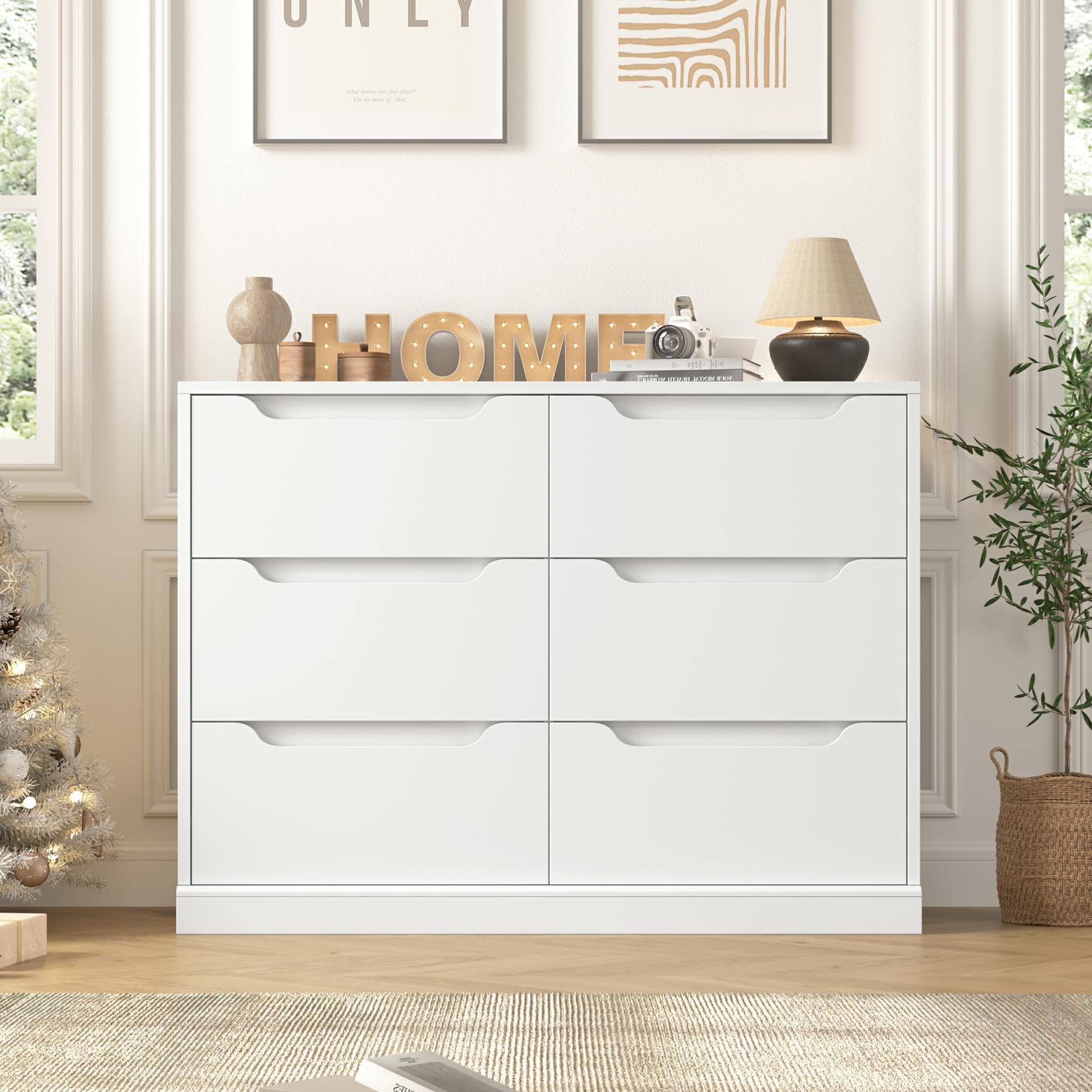 HOSTACK Modern 6 Drawer Dresser, Double Chest of Drawers with Storage, Large Wooden Storage Dresser Organizer with Cut-Out Handles, Accent Storage Cabinet for Living Room, Entryway, White