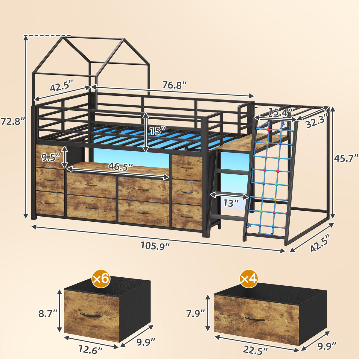 Dnxao Low Loft Bed Twin with 10 Drawers & Climbing Net, Rustic Brown