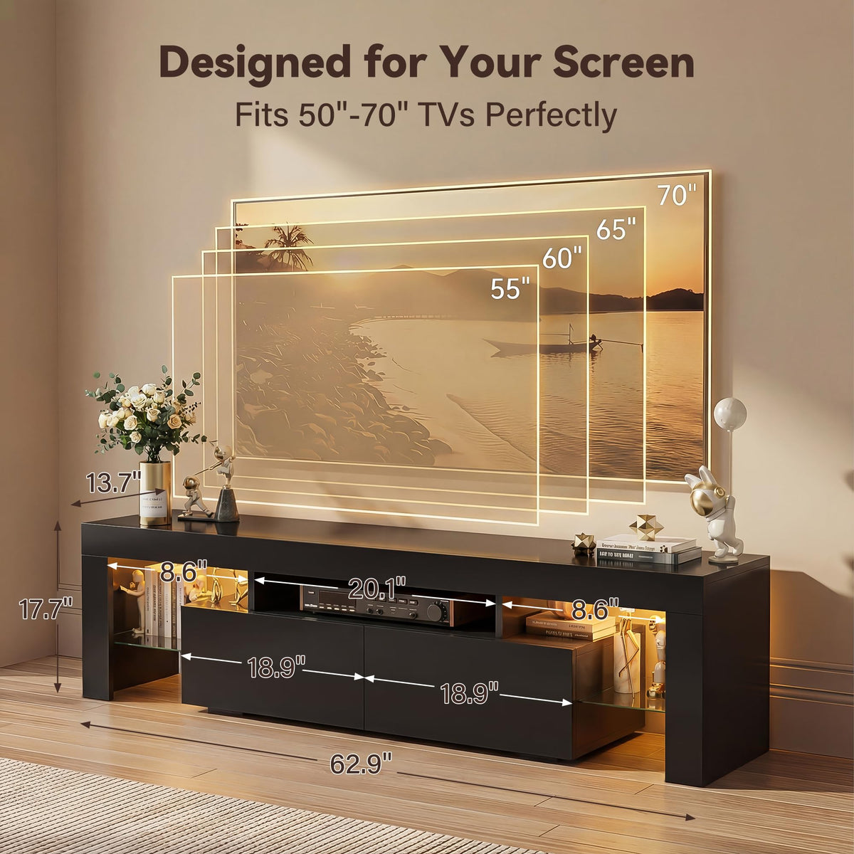 YESHOMY 63 Inch LED TV Stand for 70" TV, Modern Entertainment Center, Black