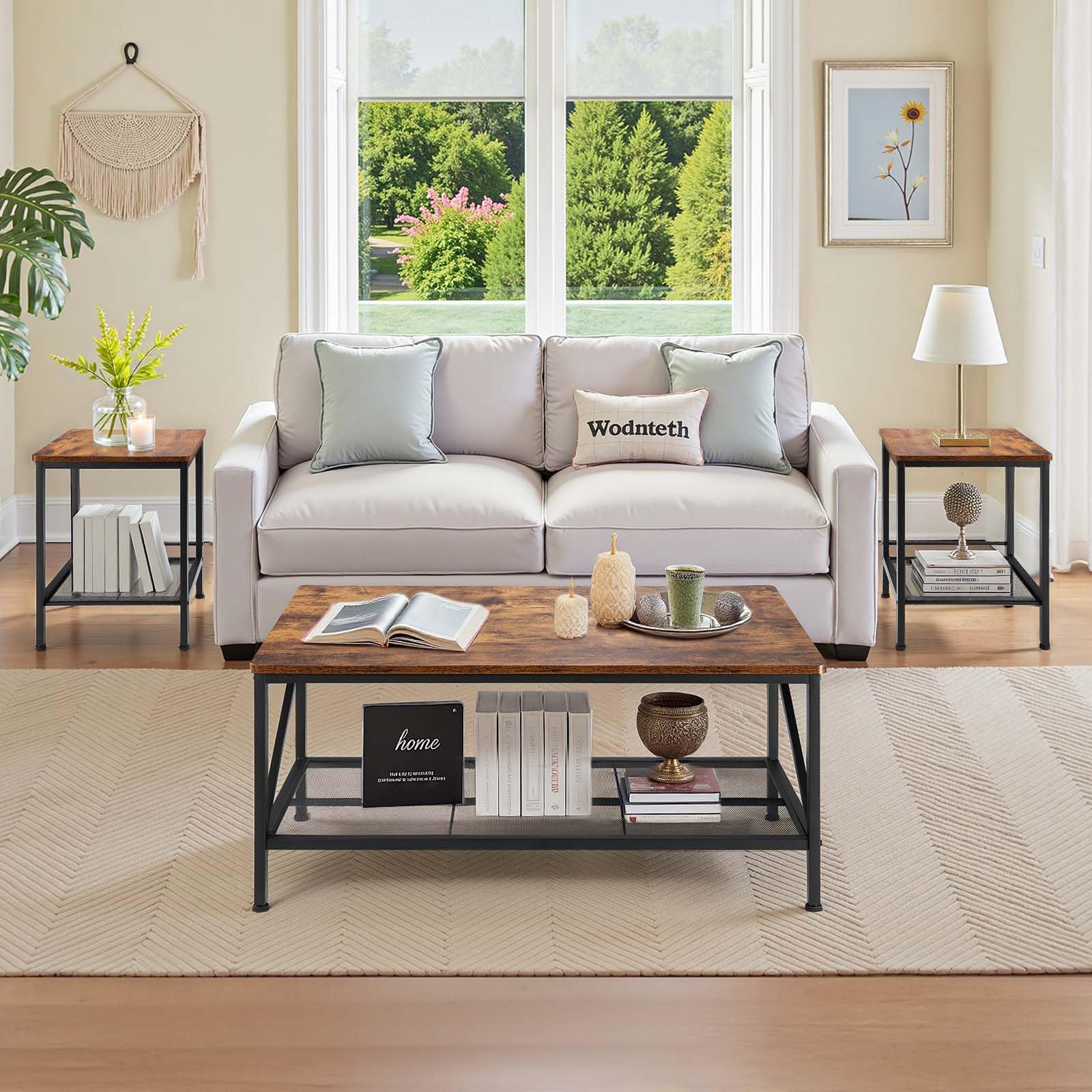 3-Piece Living Room Coffee & End Table Set with Metal Legs