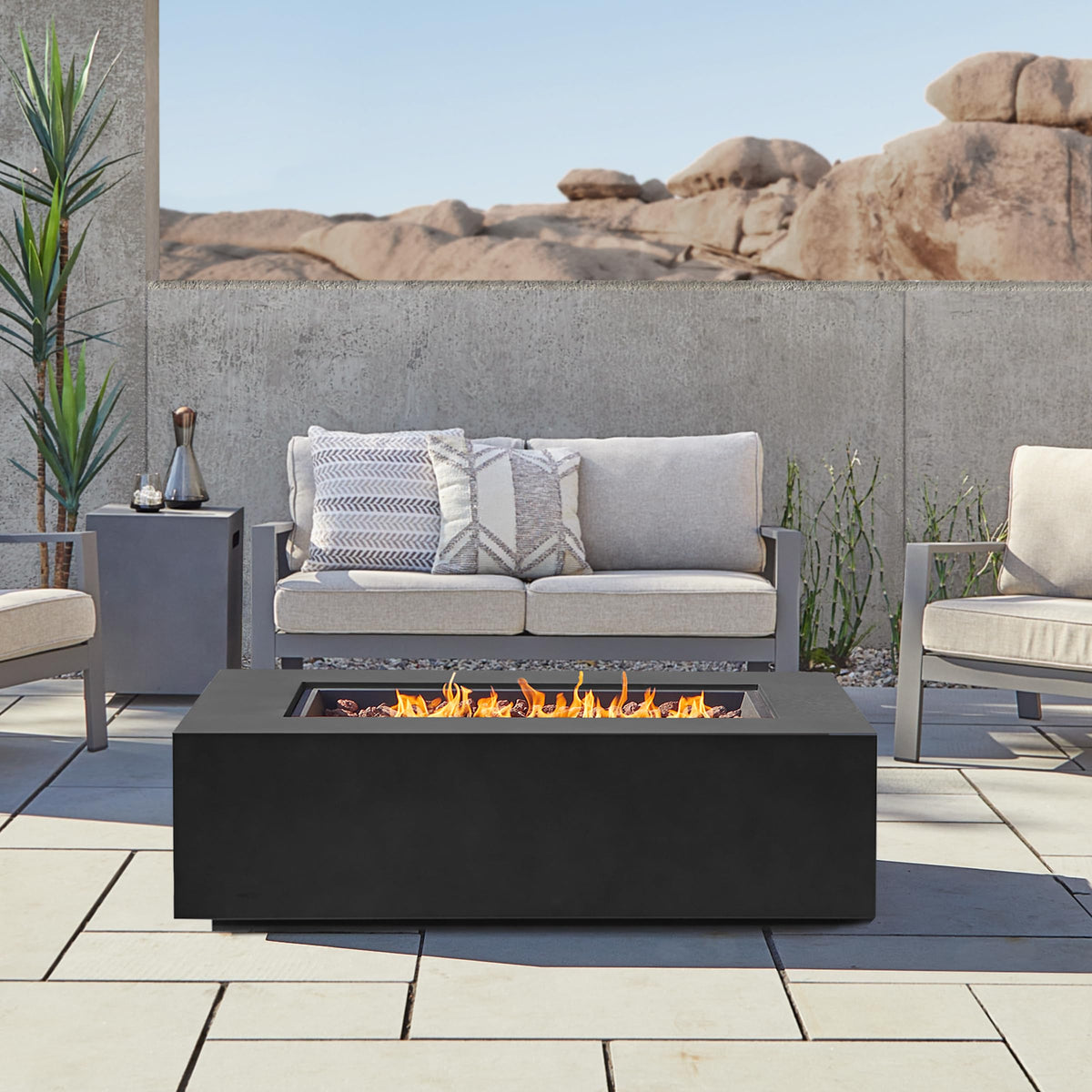 Real Flame Aegean 50in Rectangle Propane or Natural Gas Fire Pit Table, 50,000 BTU, Powder-Coated Steel, Push-Button Ignition, Lava Rock, Storage Cover, Stainless Steel Burner with Lid - Black
