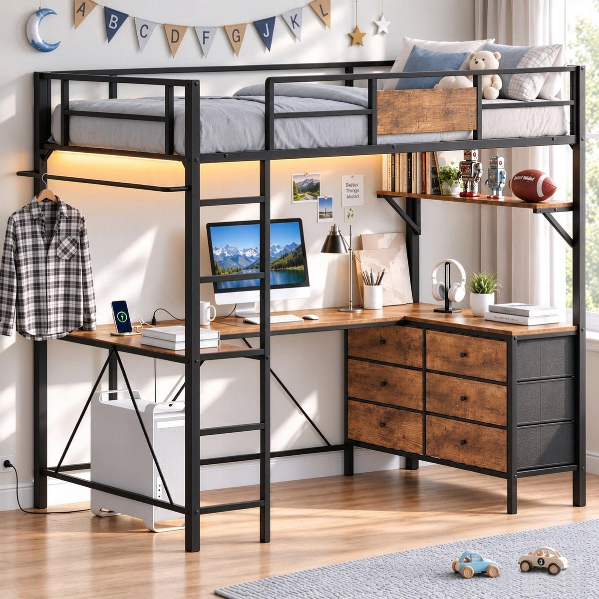 STHYTON Loft Bed Twin Size with Desk, 6 Storage Drawers & Power Outlet