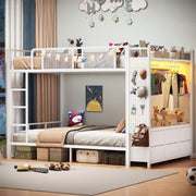 Itaar Metal Bunk Bed Full Over Full with Hall Tree, Power Outlet, LED Bunk Bed with 6 Storage Drawers, Bed with 13‘’ Safety Guardrail & Ladders for Kids and Teen, 400lb Weight Capacity, White