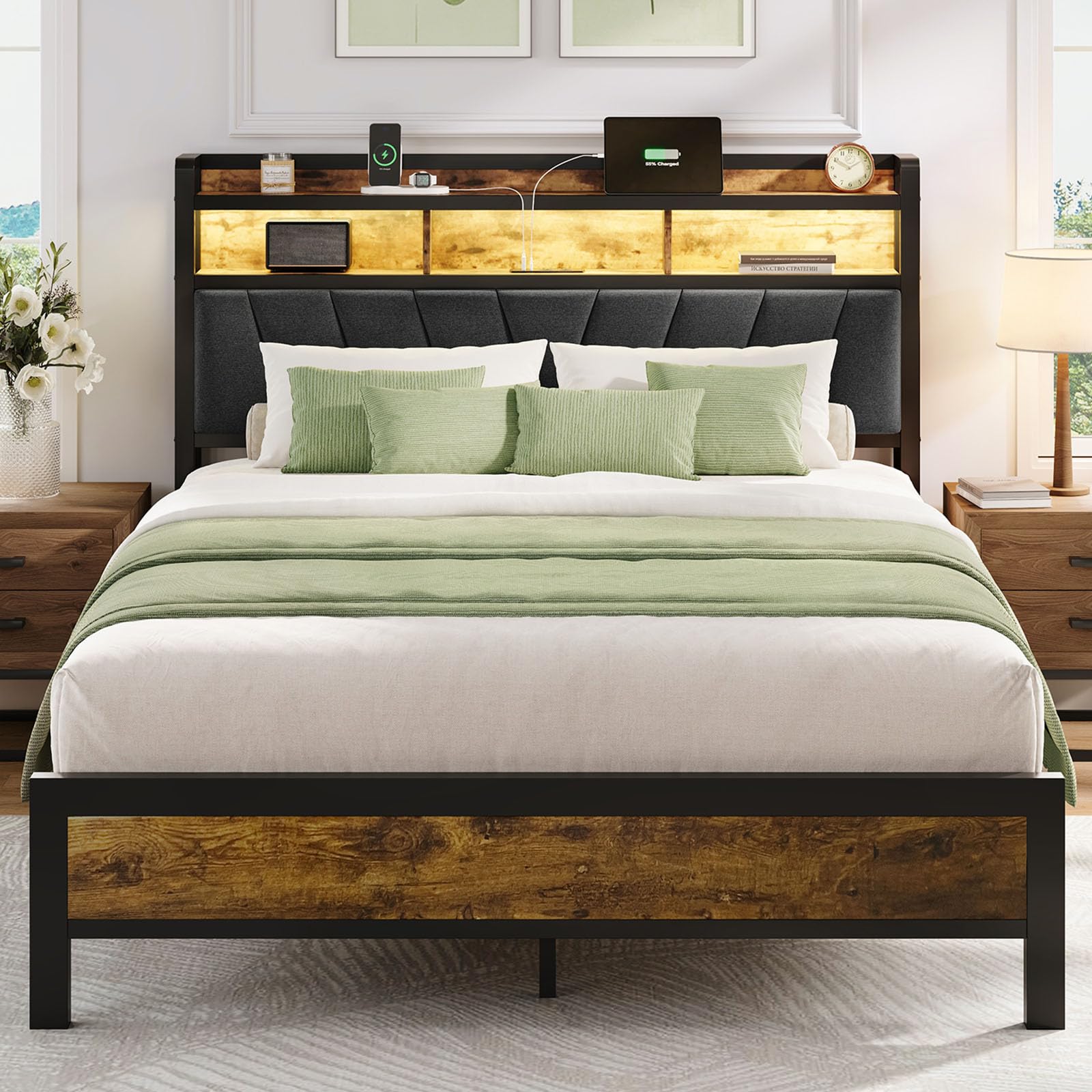 Platform Bed Frame with Storage Headboard, RGB LED Lights & Charging Station