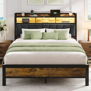 Platform Bed Frame with Storage Headboard, RGB LED Lights & Charging Station