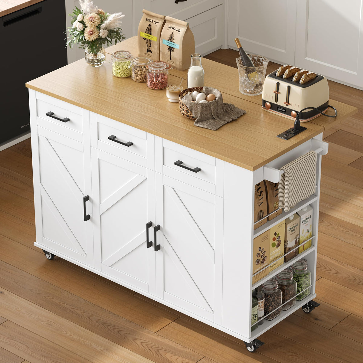 FINETONES Kitchen Island with Trash Can Storage and Power Outlet, White