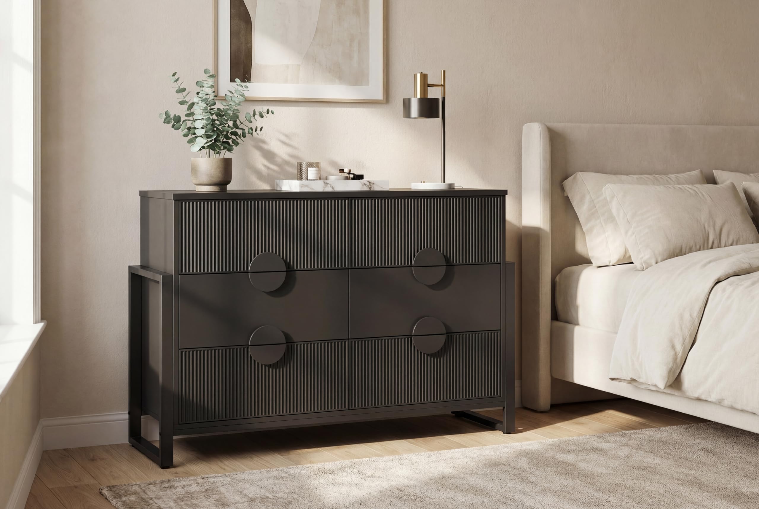 6-Drawer Fluted Dresser with Steel Frame