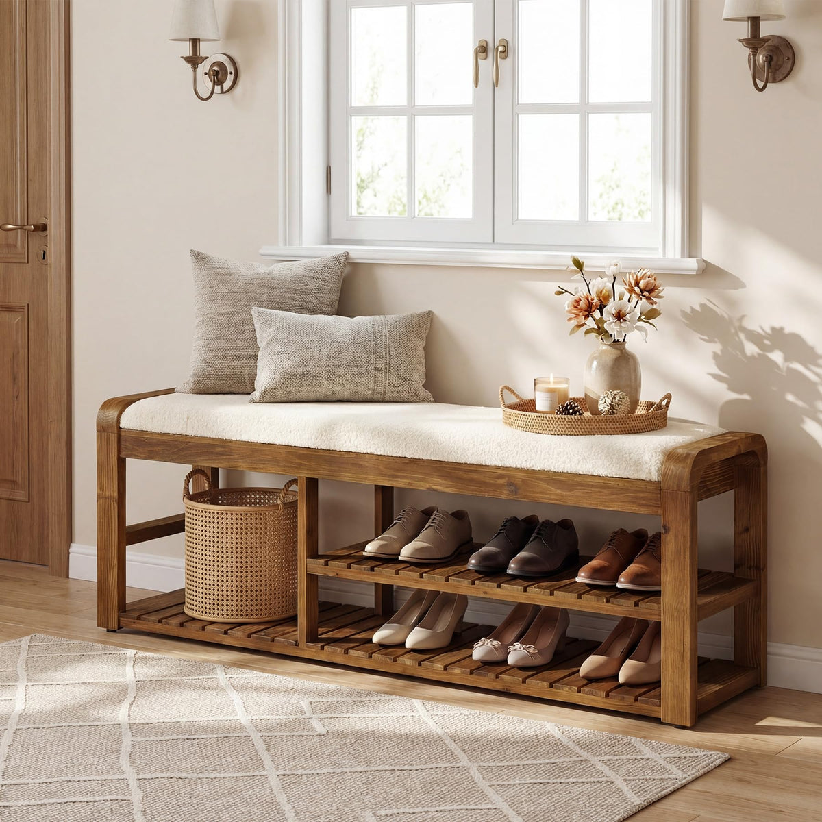 Solid Wood Shoe Storage Bench with Cushion