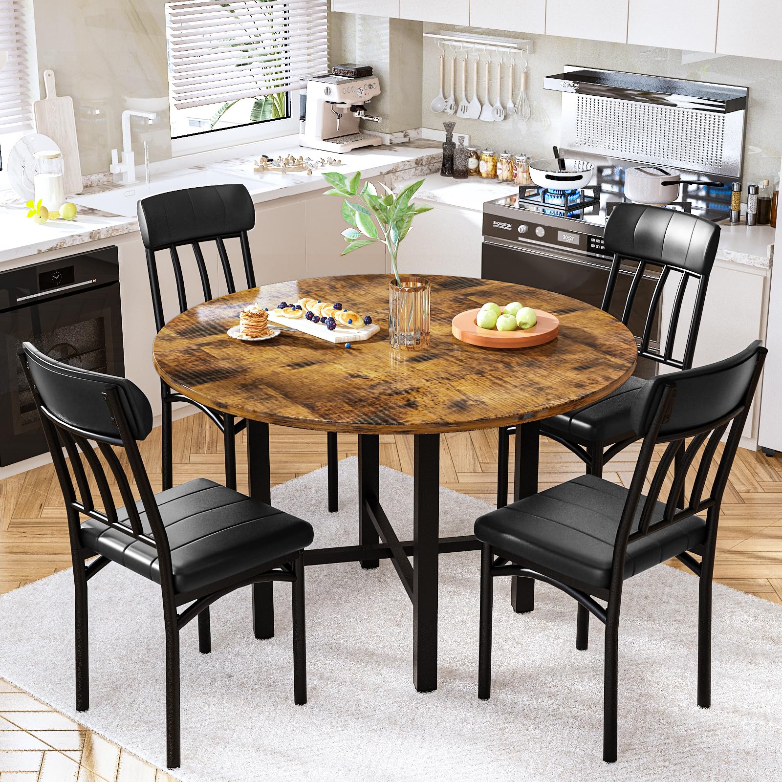 Round Dining Table Set for 4 with Faux Leather Chairs