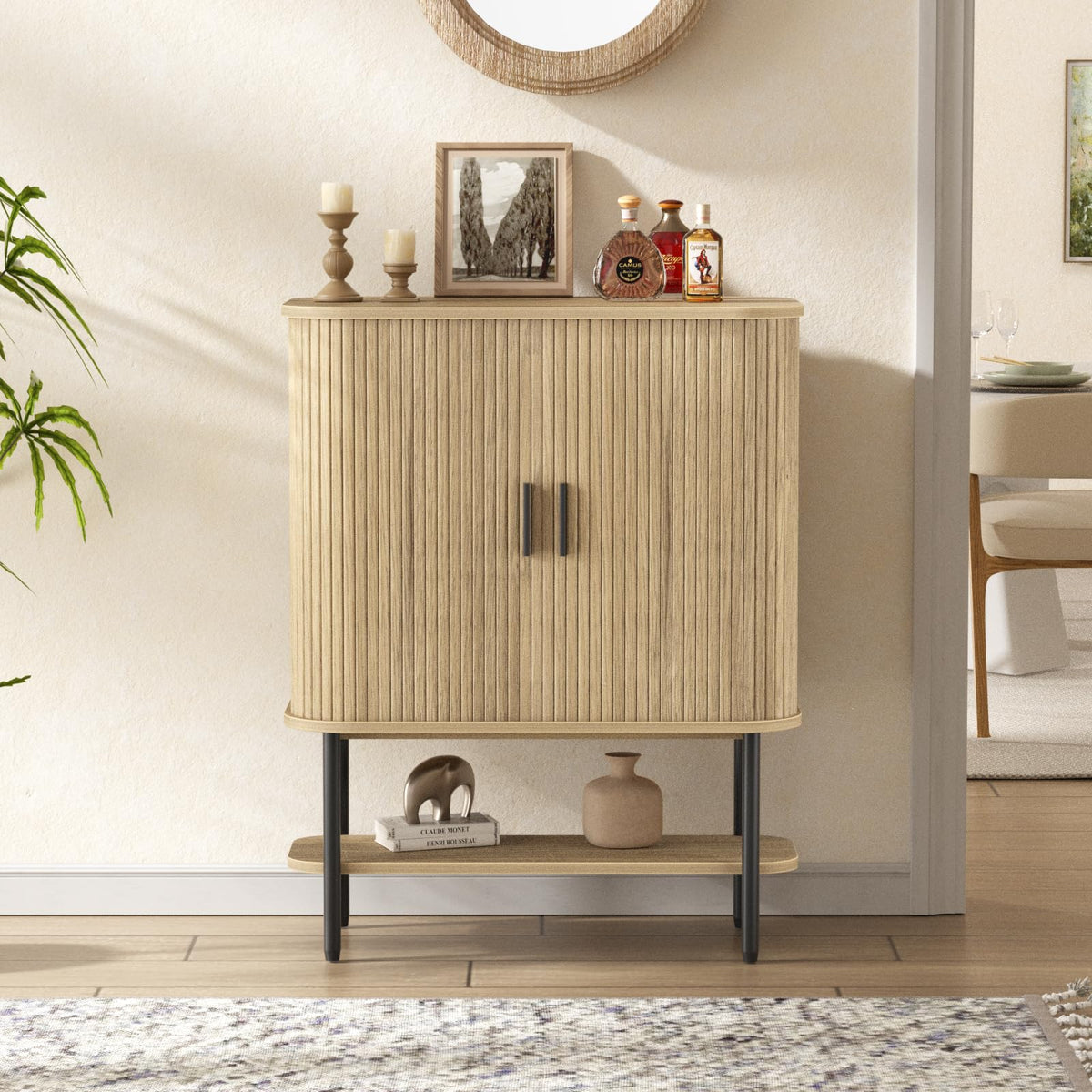 Coffee Bar Cabinet with Storage, Fluted Wine Cabinet with Sliding Doors