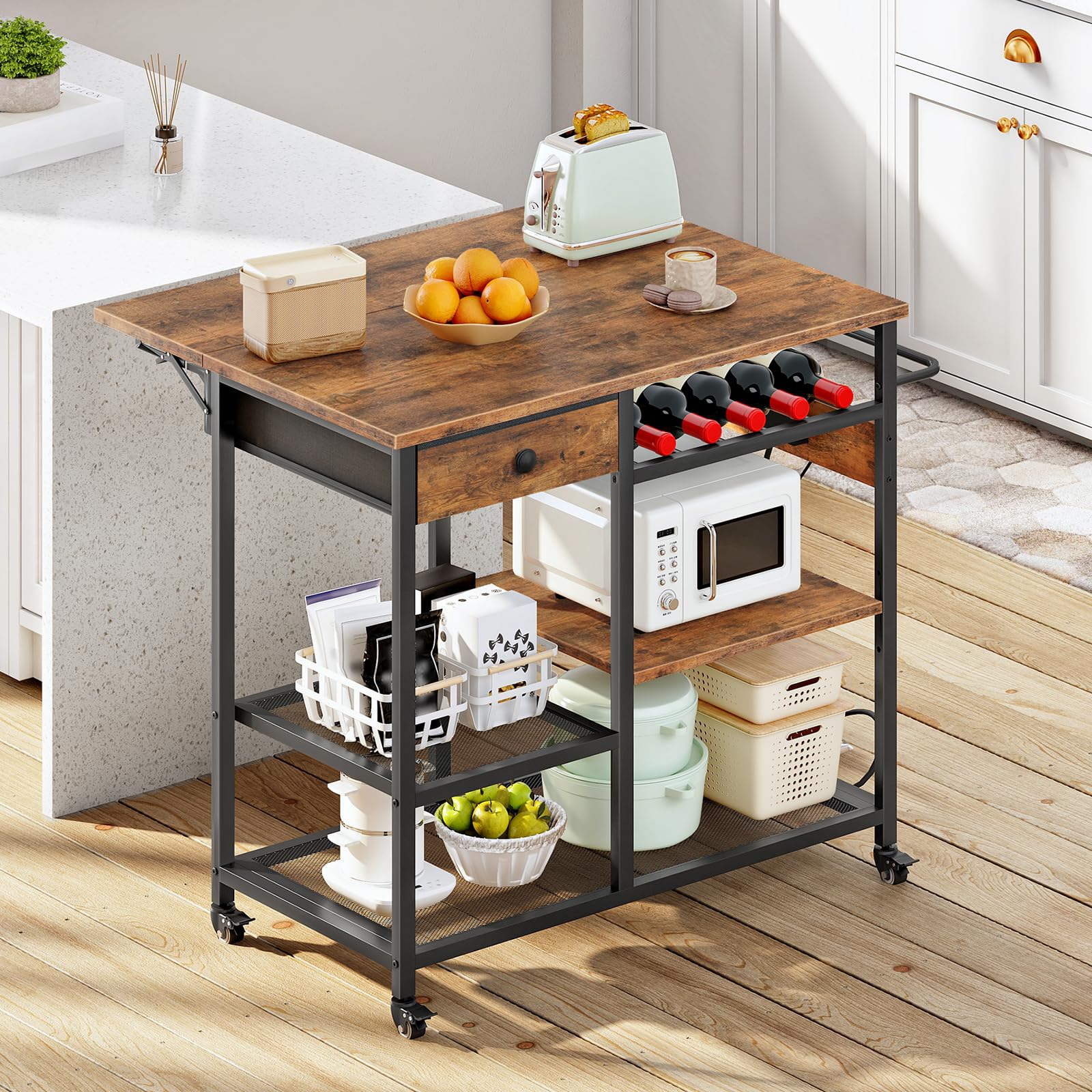Rolling Kitchen Island with Drop Leaf & Power Outlet