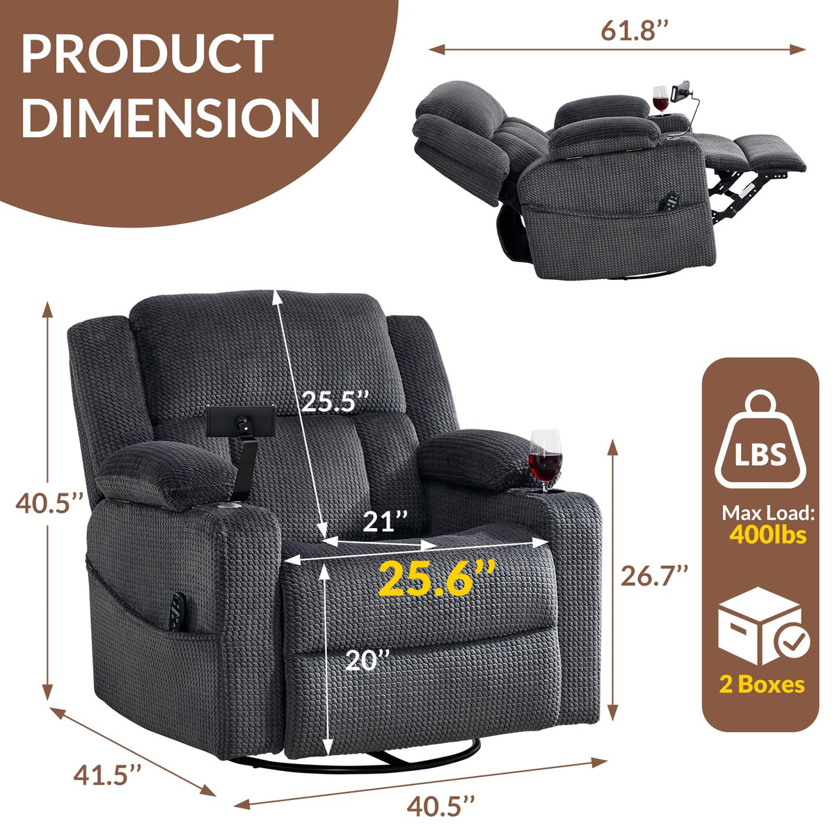 ANJ Dual Motor Oversized Power Recliner Chair with Massage and Heat, 270°Swivel Rocker Recliners with Adjustable Headrest, Cup Holder, Arm Storage, Phone Holder, USB&Type-C Port for Living Room, Grey