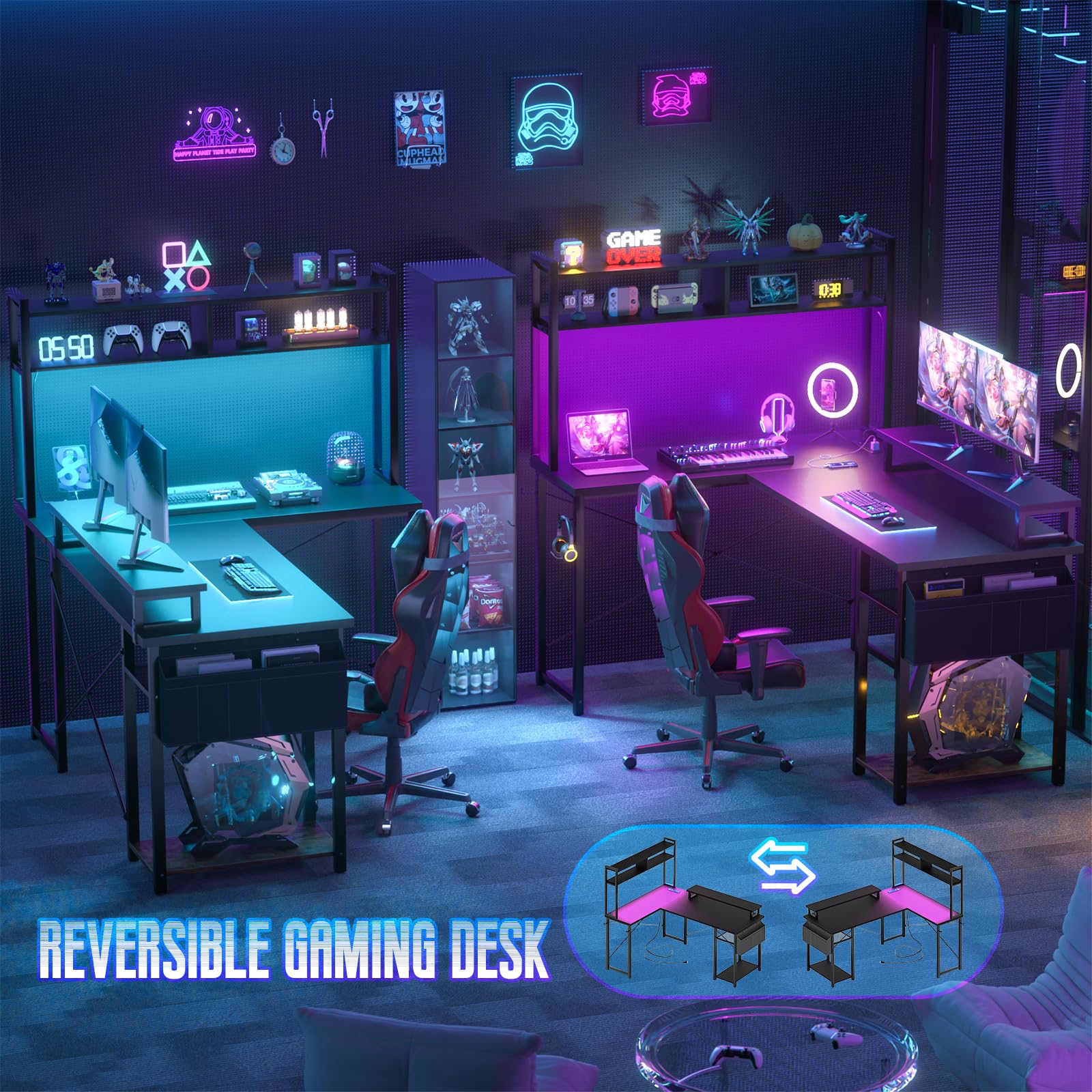 Besiost Small L Shaped Desk Gaming Desk with Power Outlets, 48" Reversible L Shaped Computer Desk with Monitor Stand & Storage Shelf, Corner Gamer Desk Home Office Desk with Storage Bag, Black