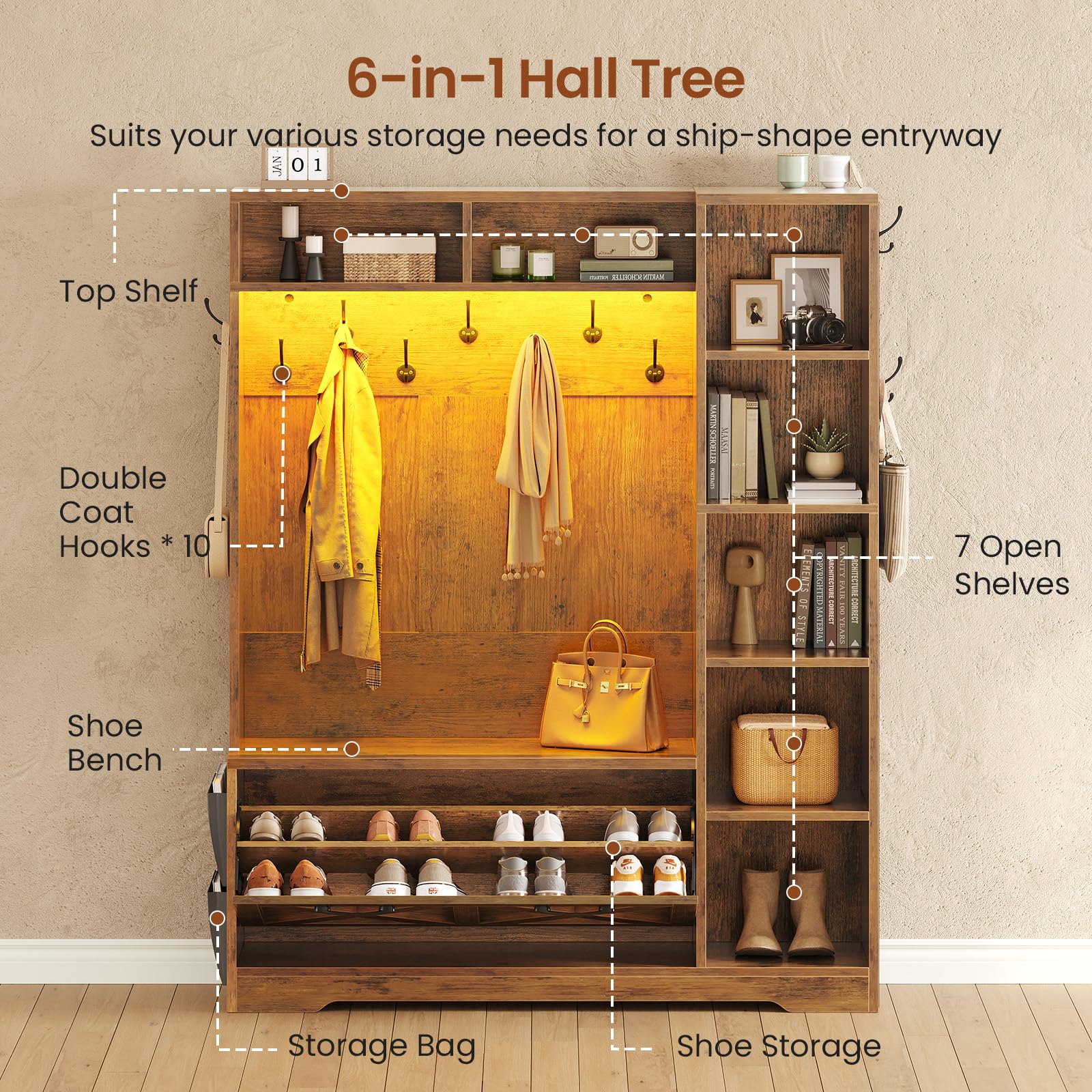 6-in-1 Hall Tree with Bench & Shoe Storage