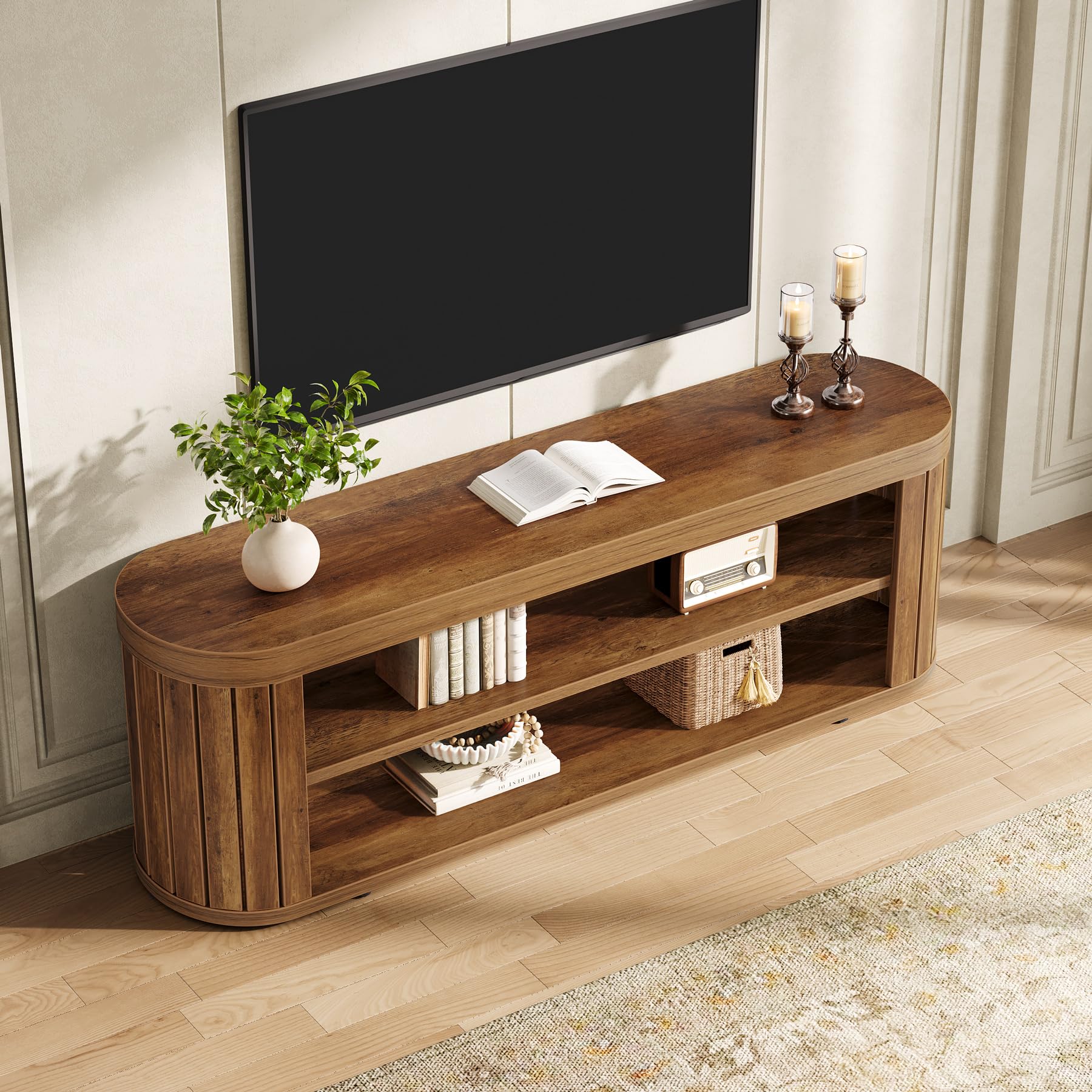 Tribesigns TV Stand for TVs up to 55 Inches, 47.2-Inch Entertainment Center with 2-Tier Open Storage & Adjustable Foot Pads, Oval Media TV Console Table for Living Room, Bedroom, Rustic Brown