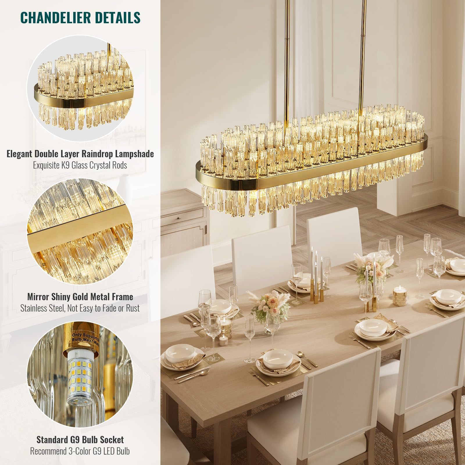 Siljoy Modern Crystal Chandelier 20 Lights Gold Rectangle 2 Tiers Raindrop Chandelier Luxury Adjustable Flush Mount Oval Pendant Ceiling Light Fixture for Dining Living Room Kitchen Island L40 Inch