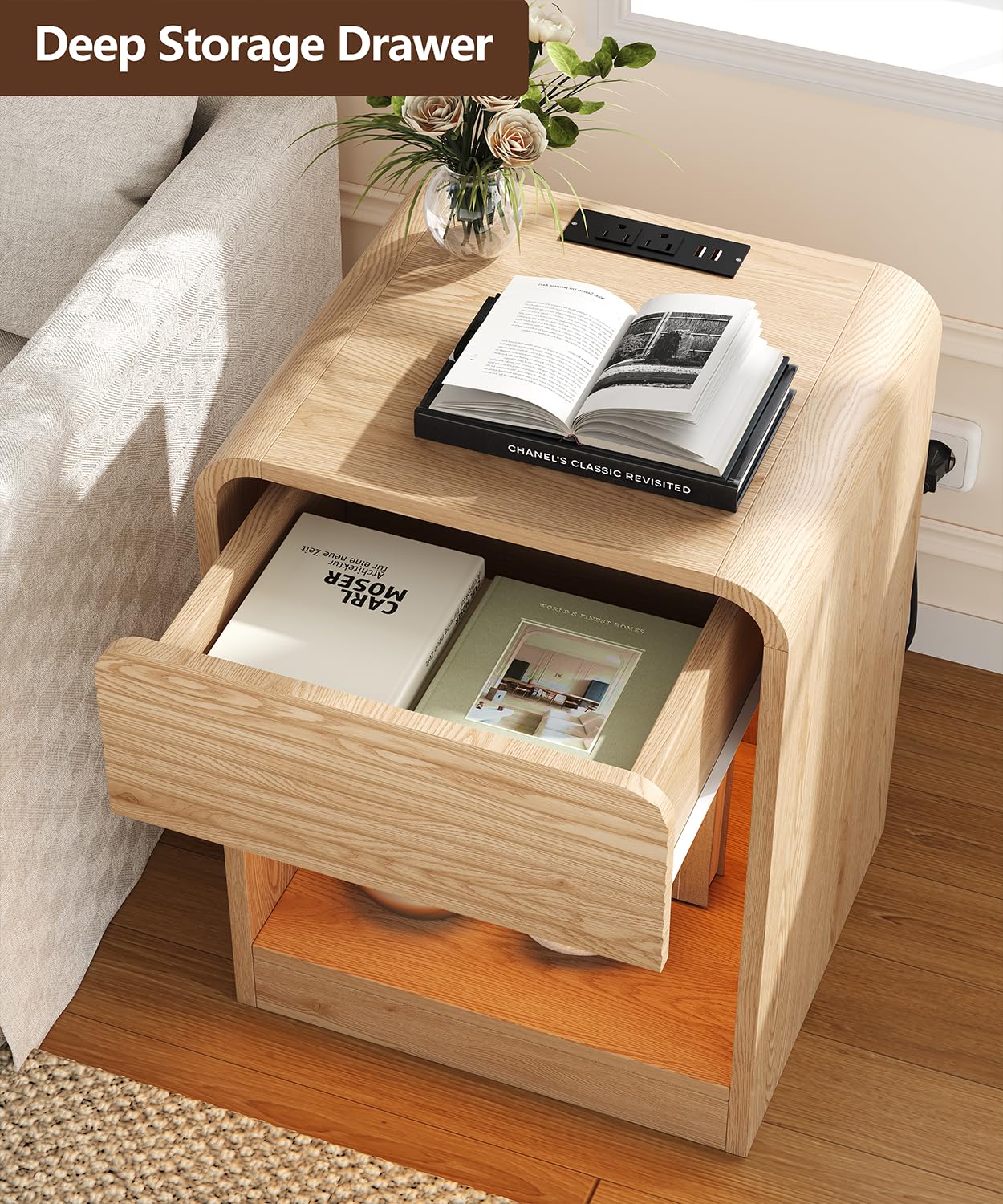Fluted Nightstands Set of 2 with LED & Charging Station