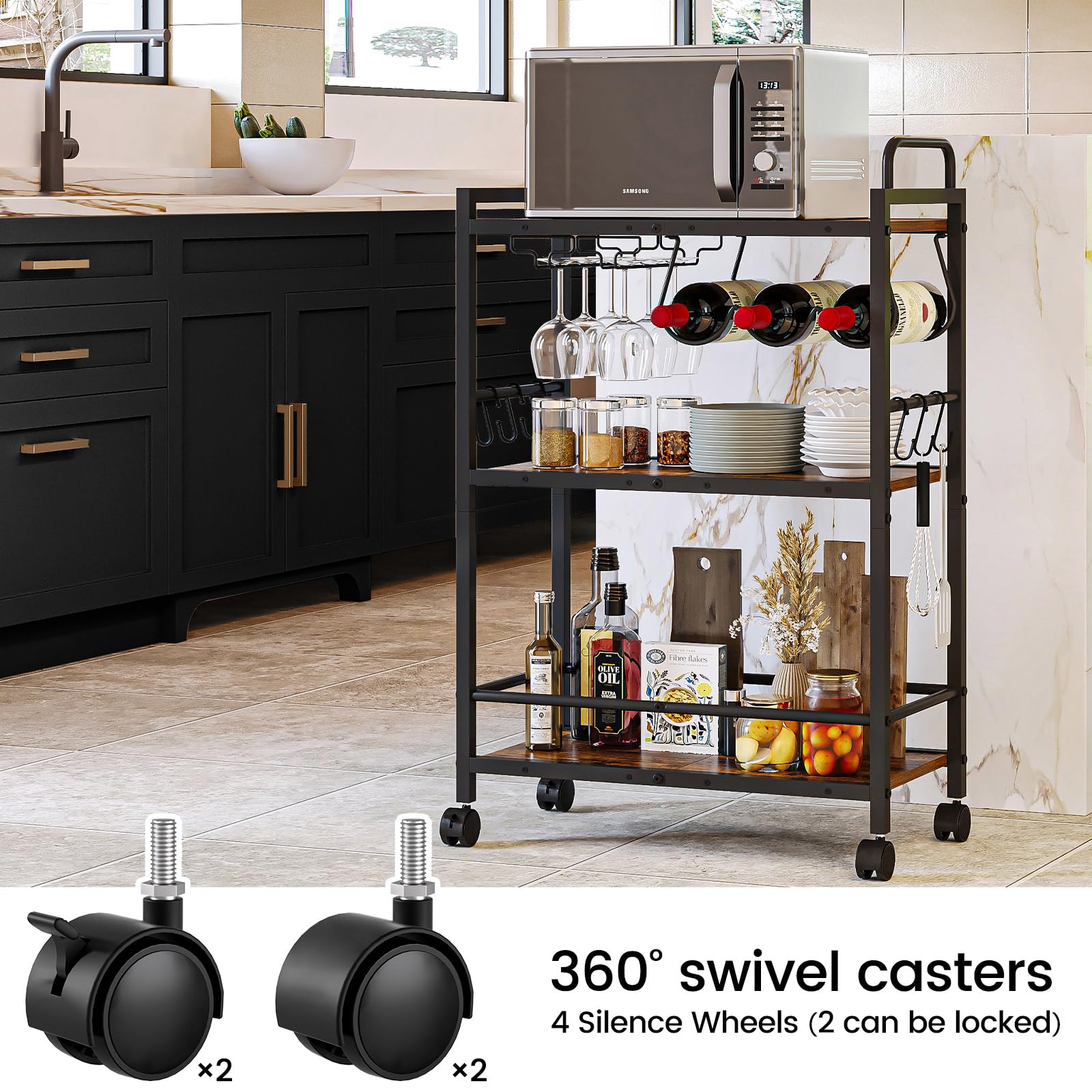 3-Tier Rolling Bar Cart with Wine Rack & Glass Holder