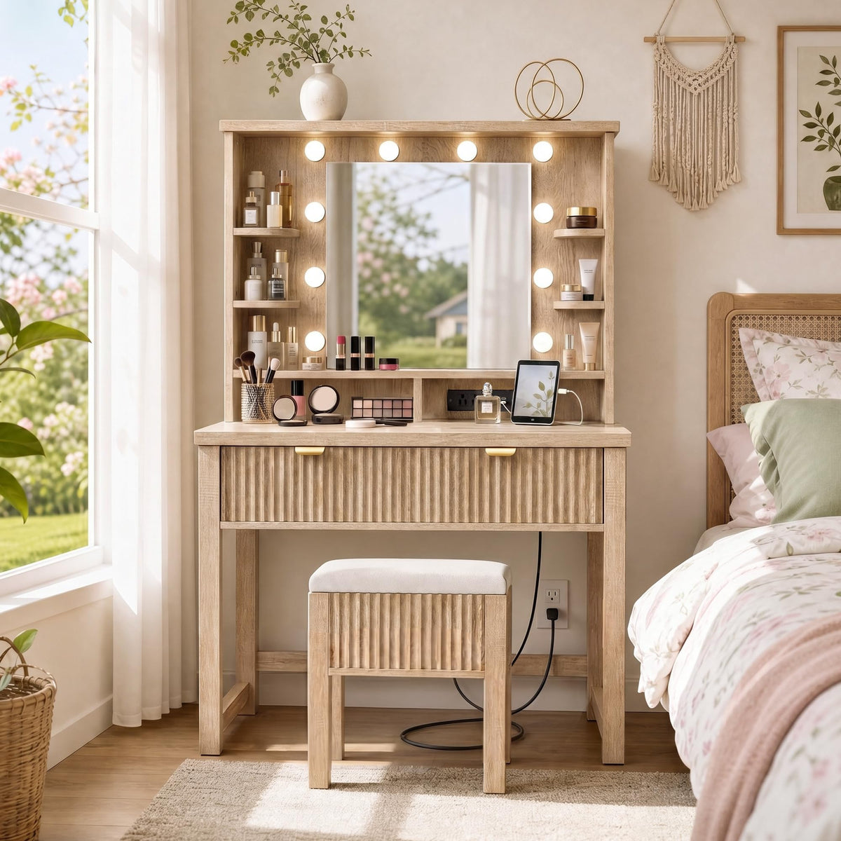 Lighted Vanity Desk with Storage Stool