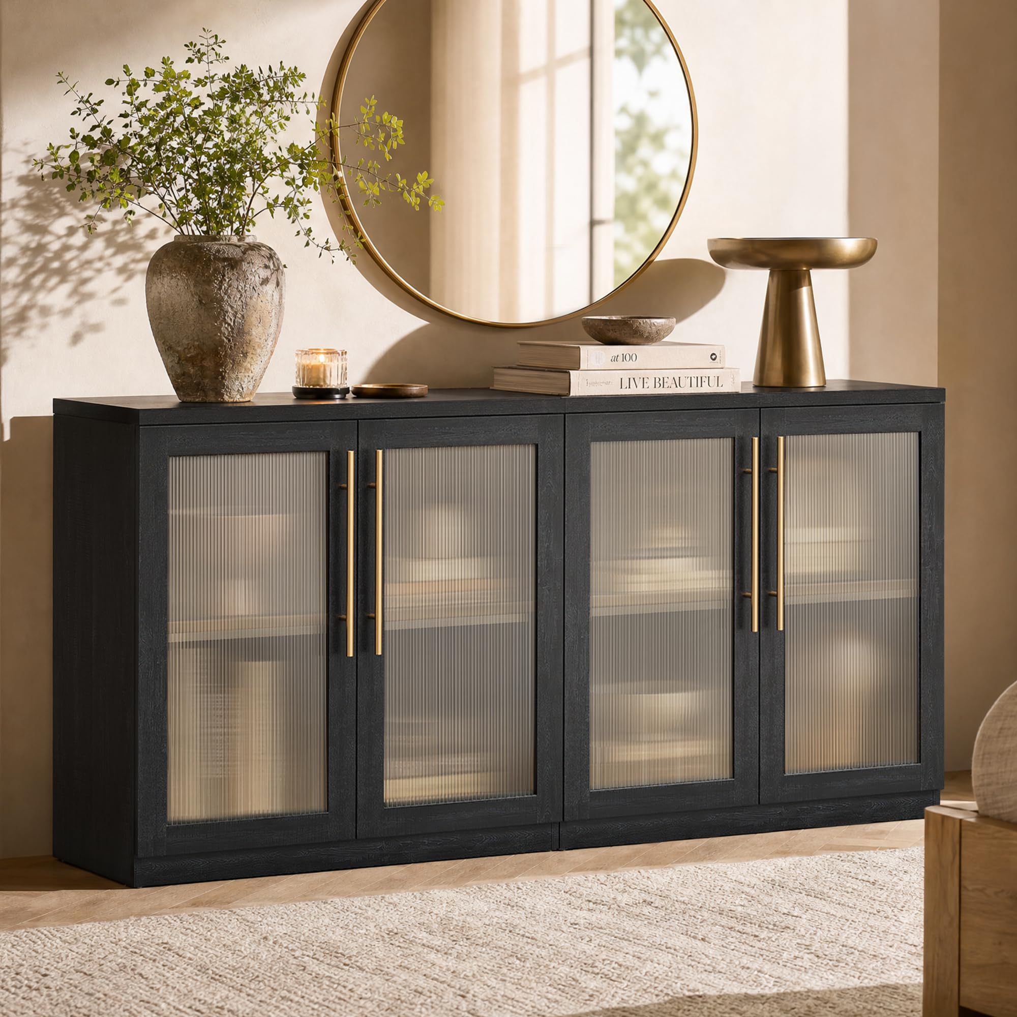 ModernMate Set of 2 Accent Sideboard Cabinets, 62" Modular Storage Buffet Table with Acrylic View Doors, Black Wood Grain Media Console with Soft-Close Hinges for Living Room, Dining Room
