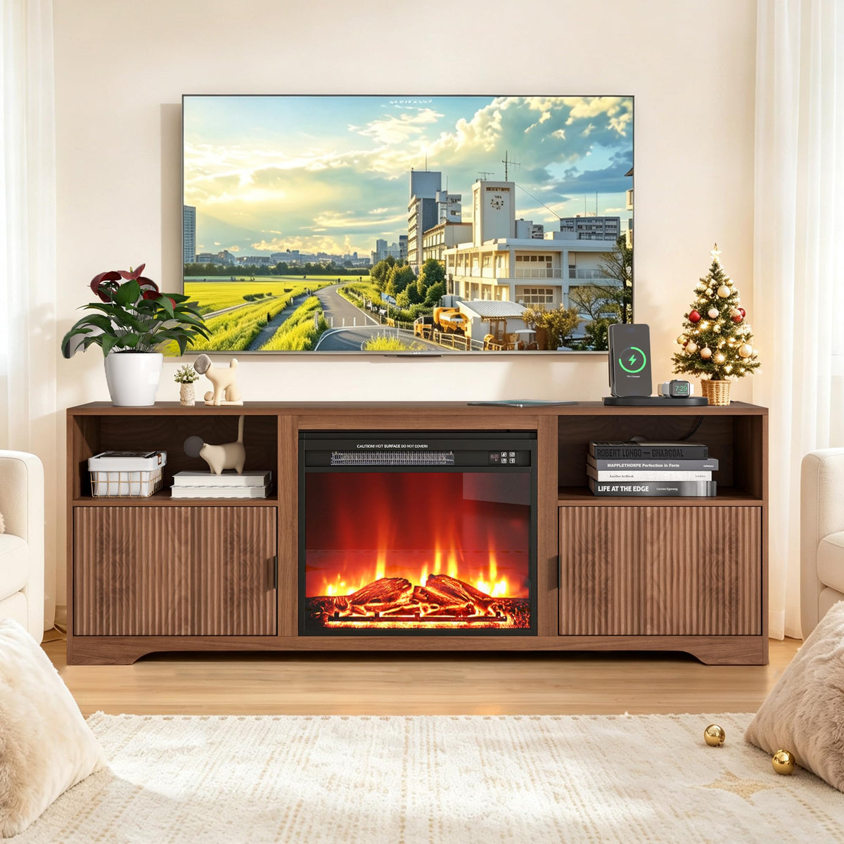 Fireplace TV Stand for Tvs up to 80" with Adjustable Shelf Charging Station