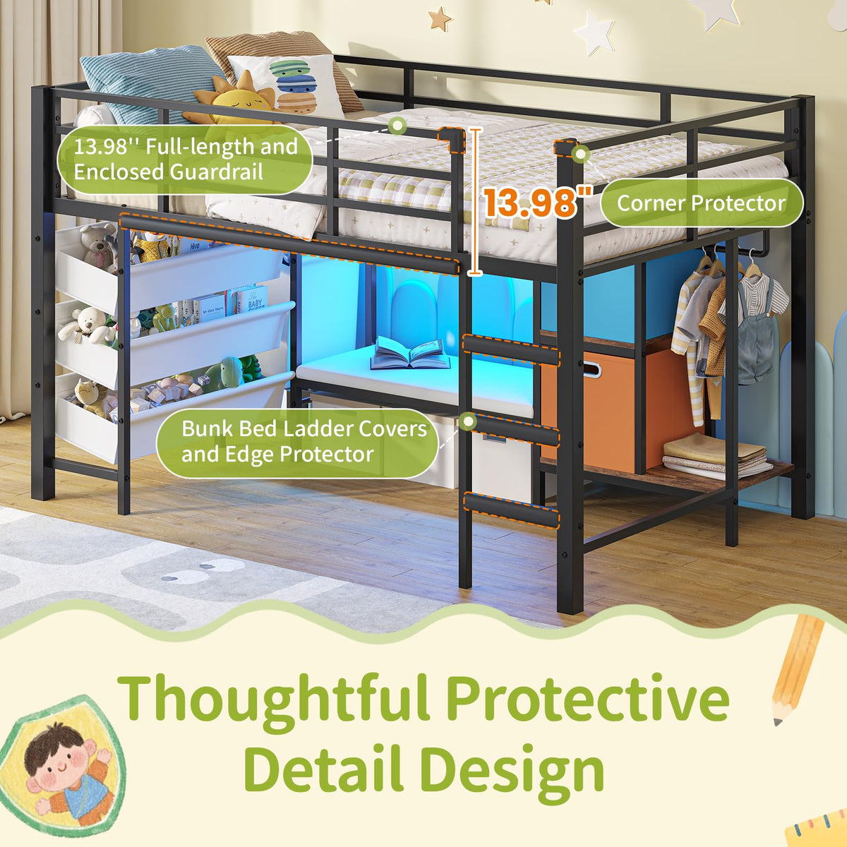 DICTAC Low Loft Bed Twin Size with Storage Bins and Reading Corner, Black