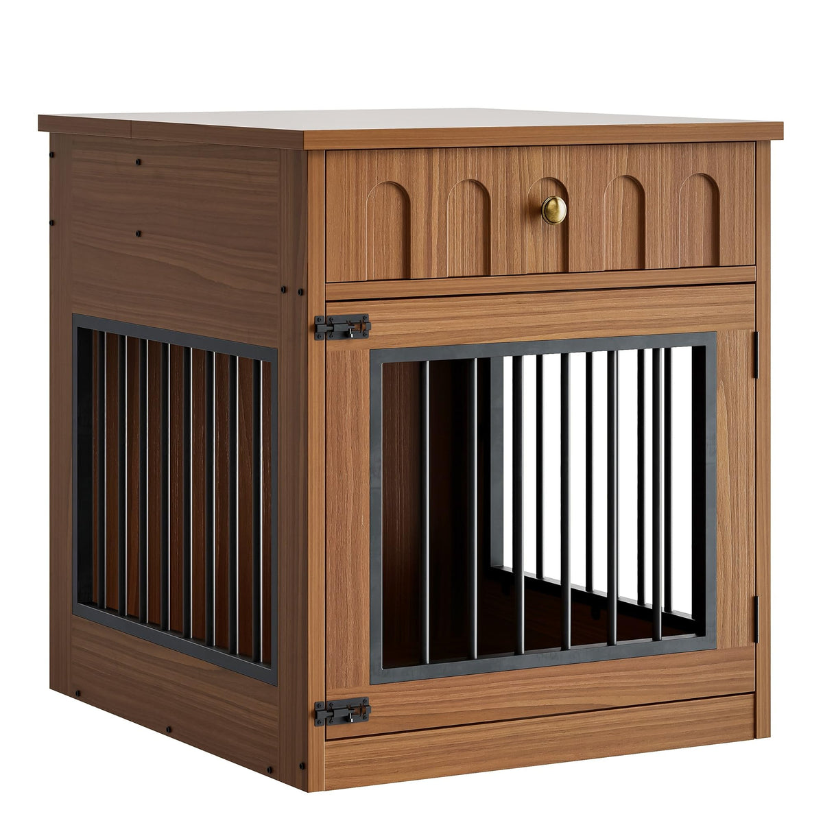 IRONCK 25.6" Small Dog Crate Furniture with Drawer and Flip Top, Walnut