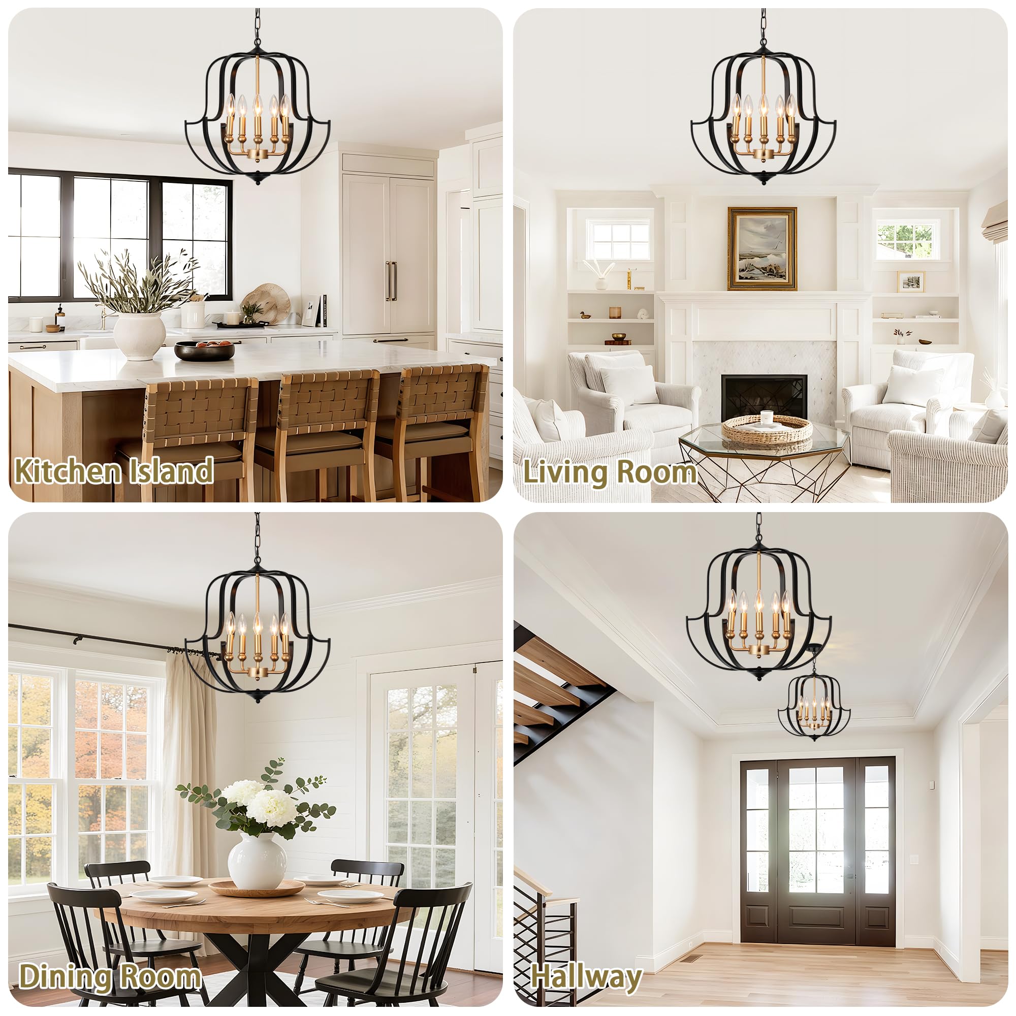 QMNHAU 19" Black and Gold Chandelier for Dining Room, 5-Light Rustic Farmhouse Chandeliers Modern Industrial Hanging Pendant Light for Kitchen Entryway Hallway Foyer Living Room