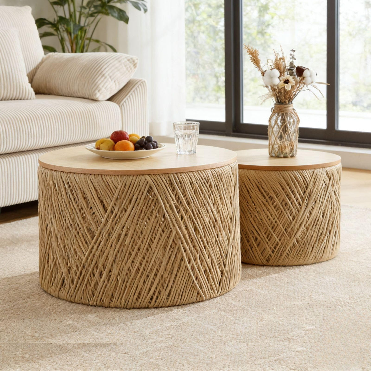 Round Wood Nesting Coffee Tables, Set of 2