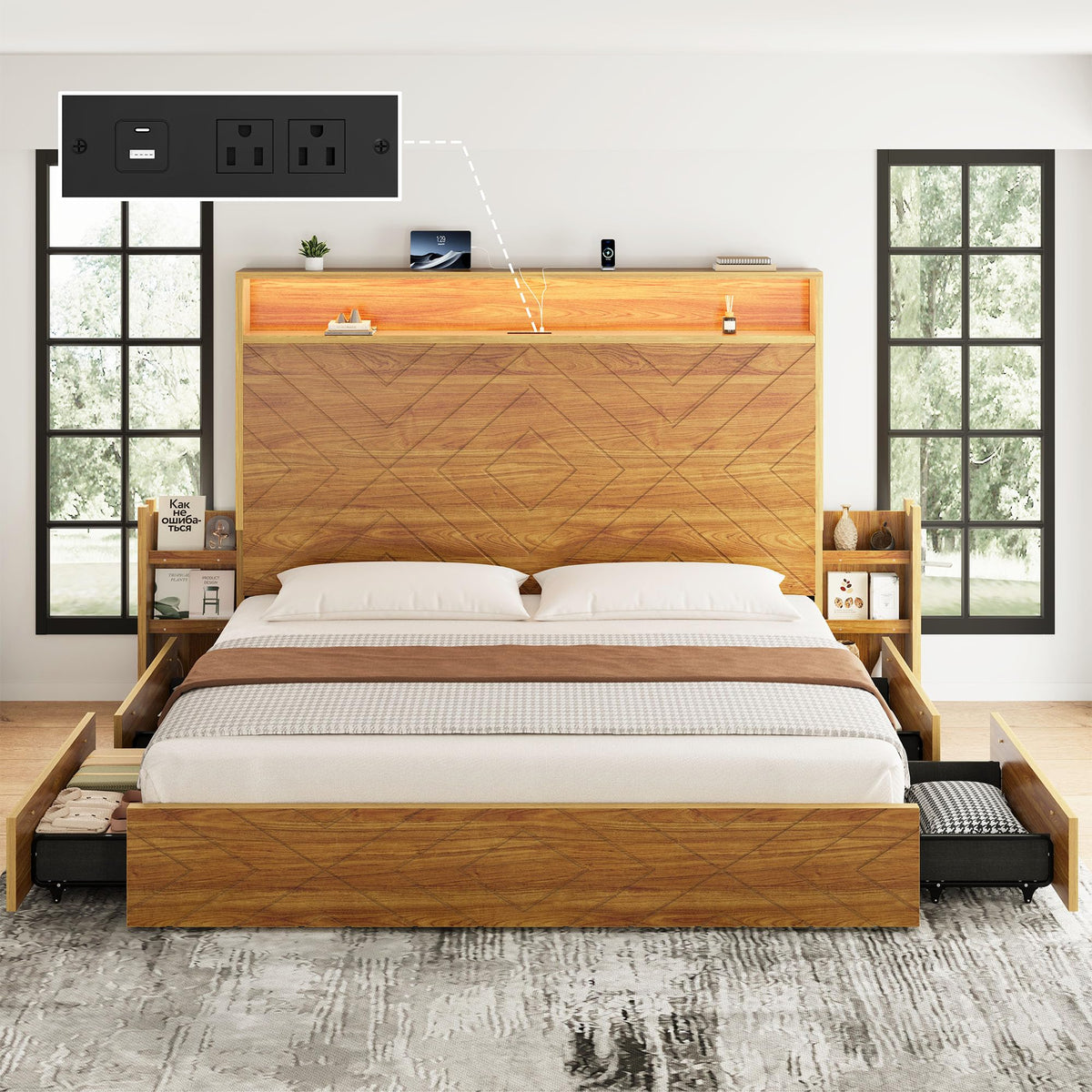 Uteeran King Size Bed Frame with Bedside Storage & 4 Drawers, Brown