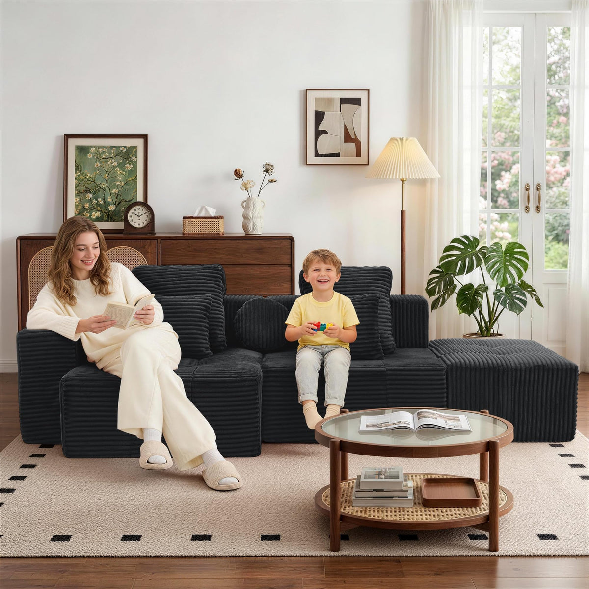 Corduroy Modular Sectional Sofa with Ottoman