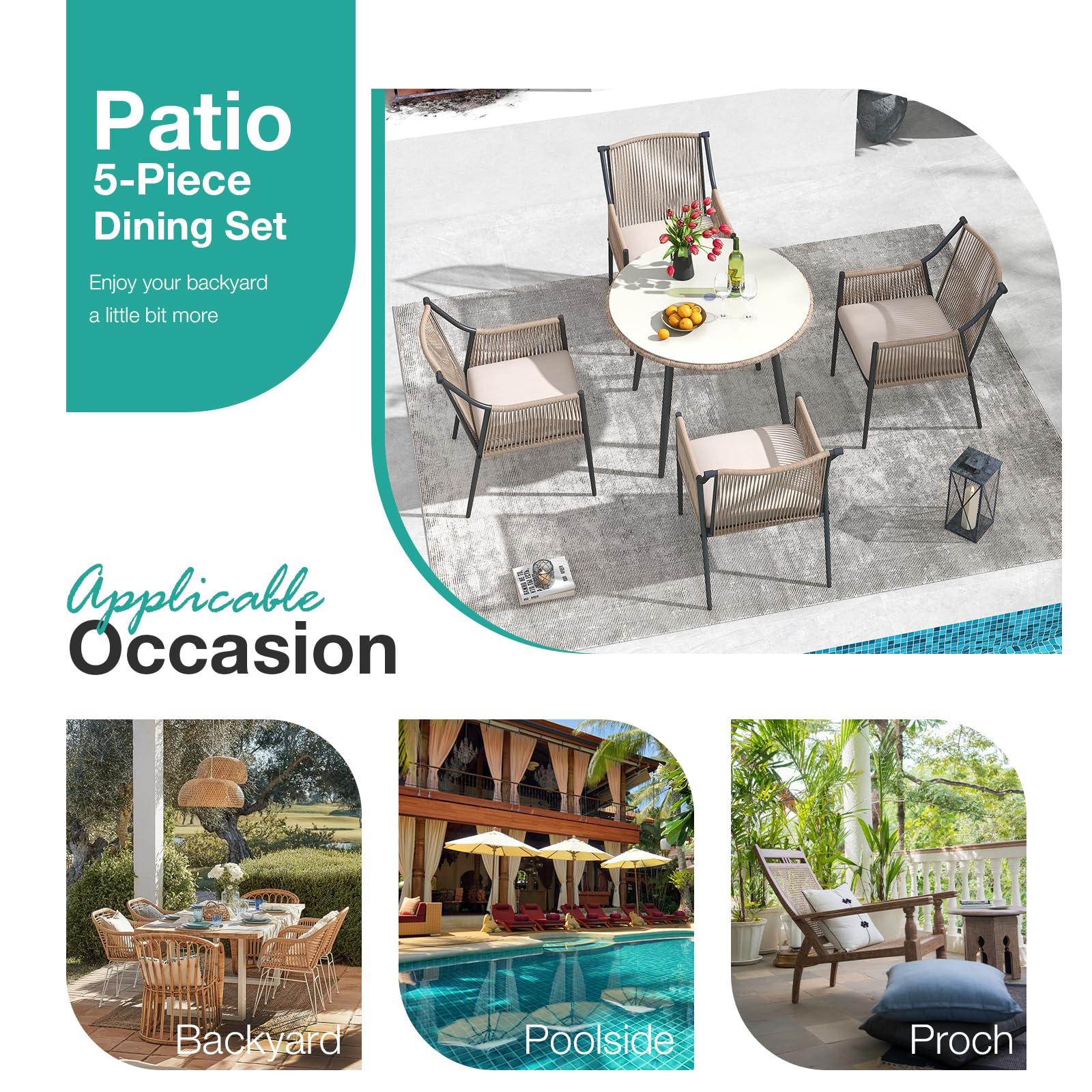 Patiorama Outdoor Dining Chairs Set of 2, Woven Rope Patio Dining Chairs, All-Weather Embossed Wicker Rattan Chairs, Outdoor Patio Chairs with Cushion & Integrated Armrest for Backyard, Light Beige