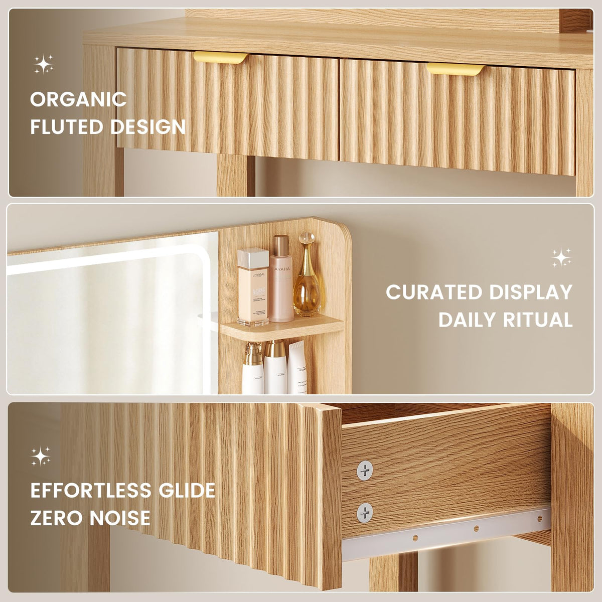 Fluted Vanity Desk with Mirror and Lights, 30.7" Small Makeup Vanity, Oak