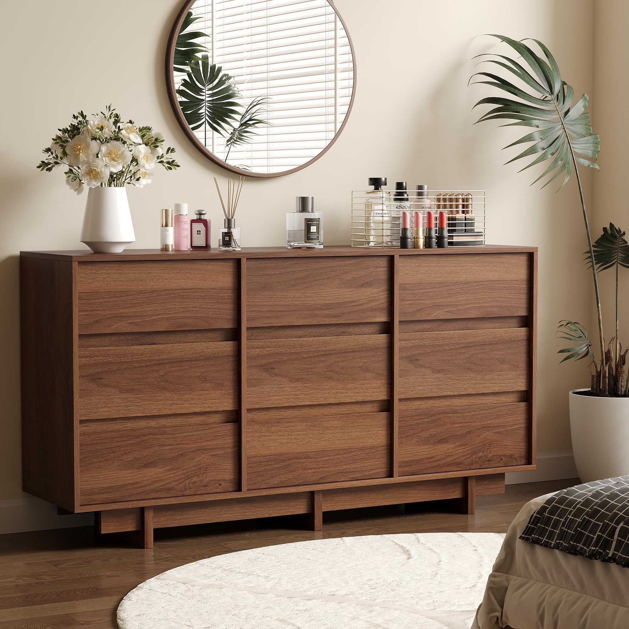 SINROM Walnut Dresser for Bedroom, 59" Wide 9 Drawer Dresser, Mid Century Modern Dressers Chest of Drawers, Wooden Large Dressers for Bedroom, Closet