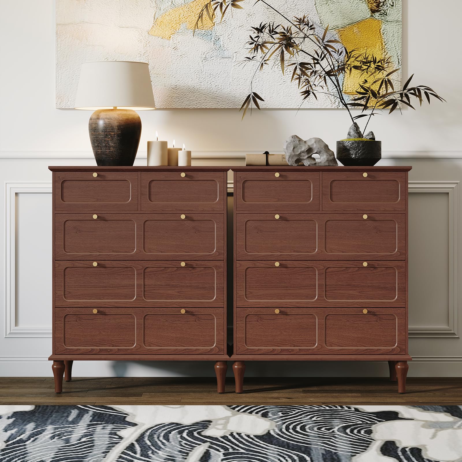 ARTPOWER 5 Drawer Dresser for Bedroom, Tall Dressers & Chests of Drawers with Solid Wood Legs and Brass Handles, Vertical Storage Organizer for Living Rooms, Hallway, Entryways, Offices, Brown