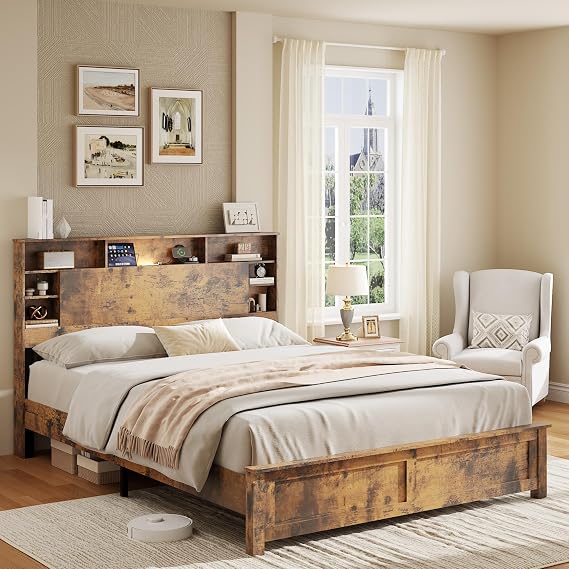 Wood Platform Bed Frame with Storage Headboard