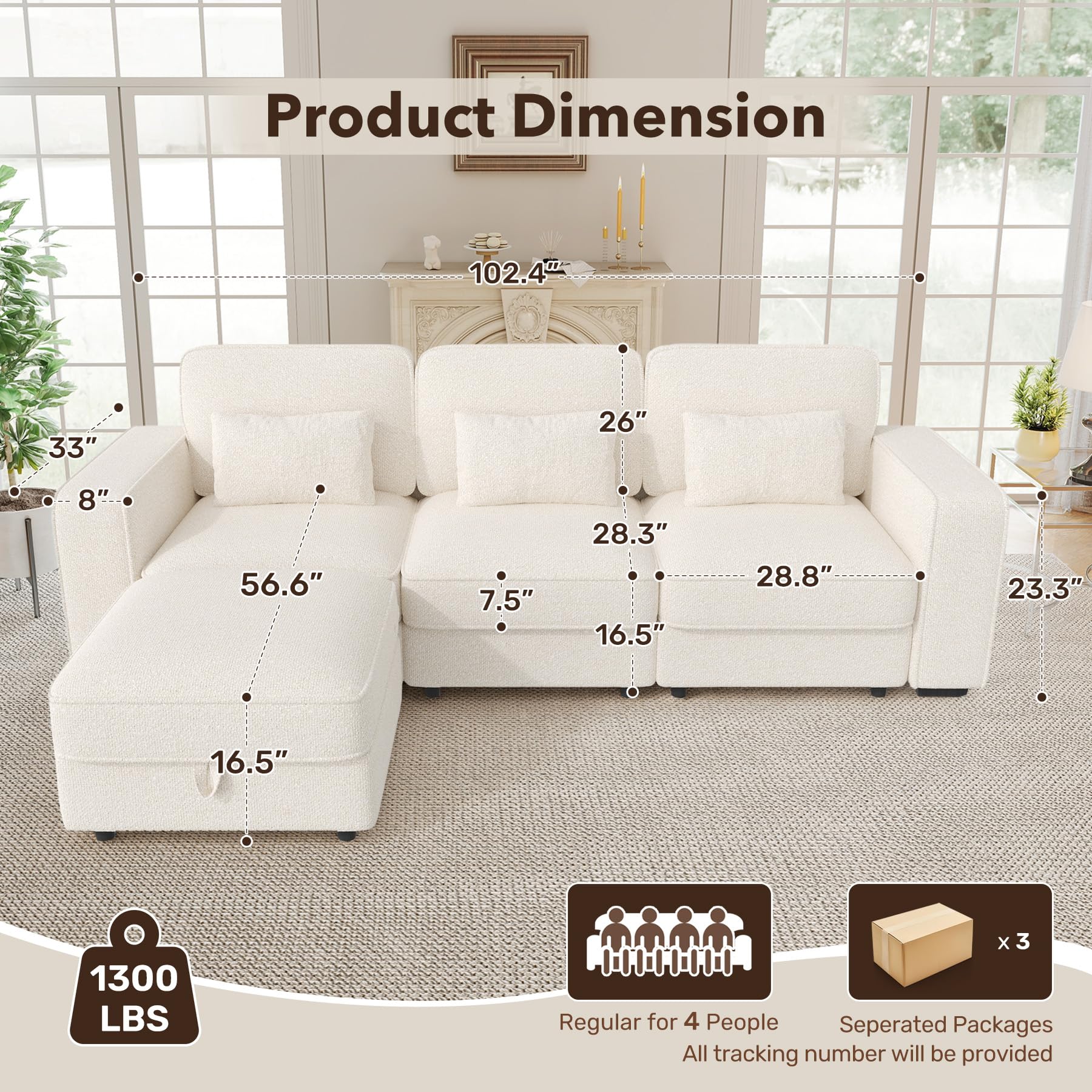 102" L Shaped Modular Sectional Sofa, Oversized 3-Seater Convertible Cloud Couch, Modern Chenille Sectional Couches for Living Room, Cream White 1 PCS